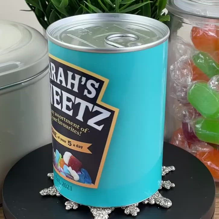 Load video: Personalised Pick & Mix Sweets Tin Can with Baked Beans Design