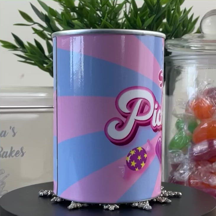Load video: Personalised Pick & Mix Sweets Tin Can with Pink Swirl Design