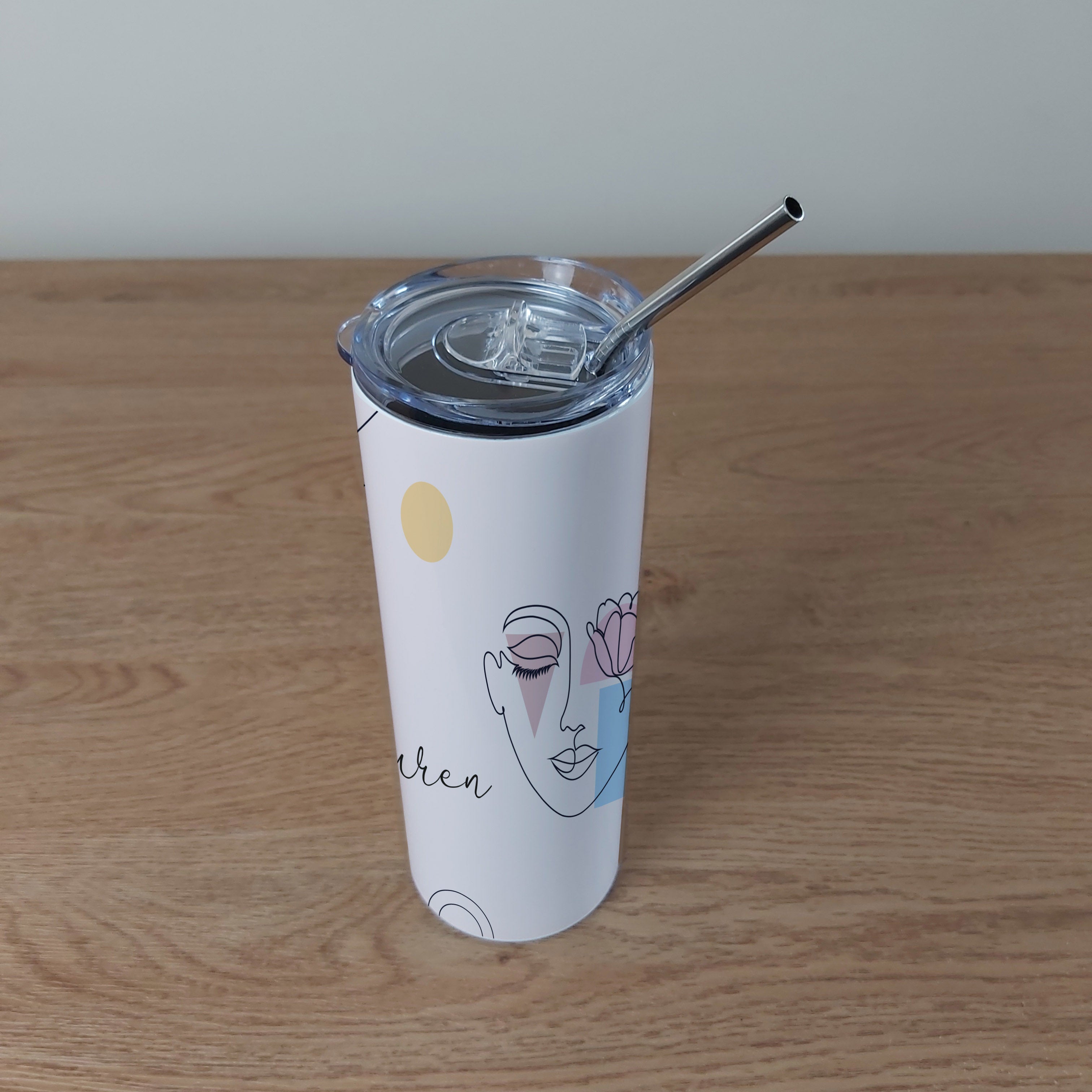 Personalised Stainless Steel Skinny Tumbler & Straw with Abstract Face Design