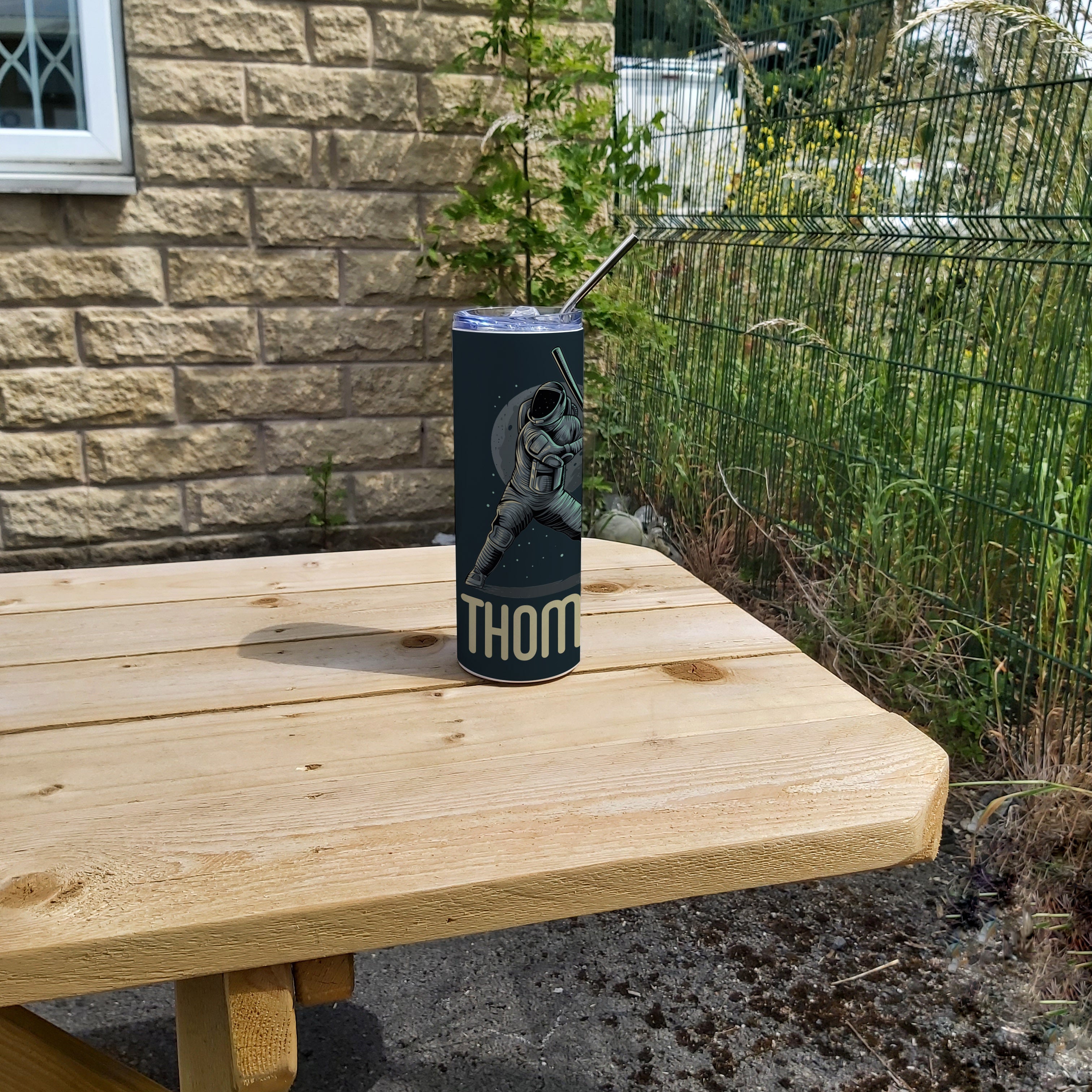 Personalised Stainless Steel Skinny Tumbler & Straw with Astronaut Baseball Design
