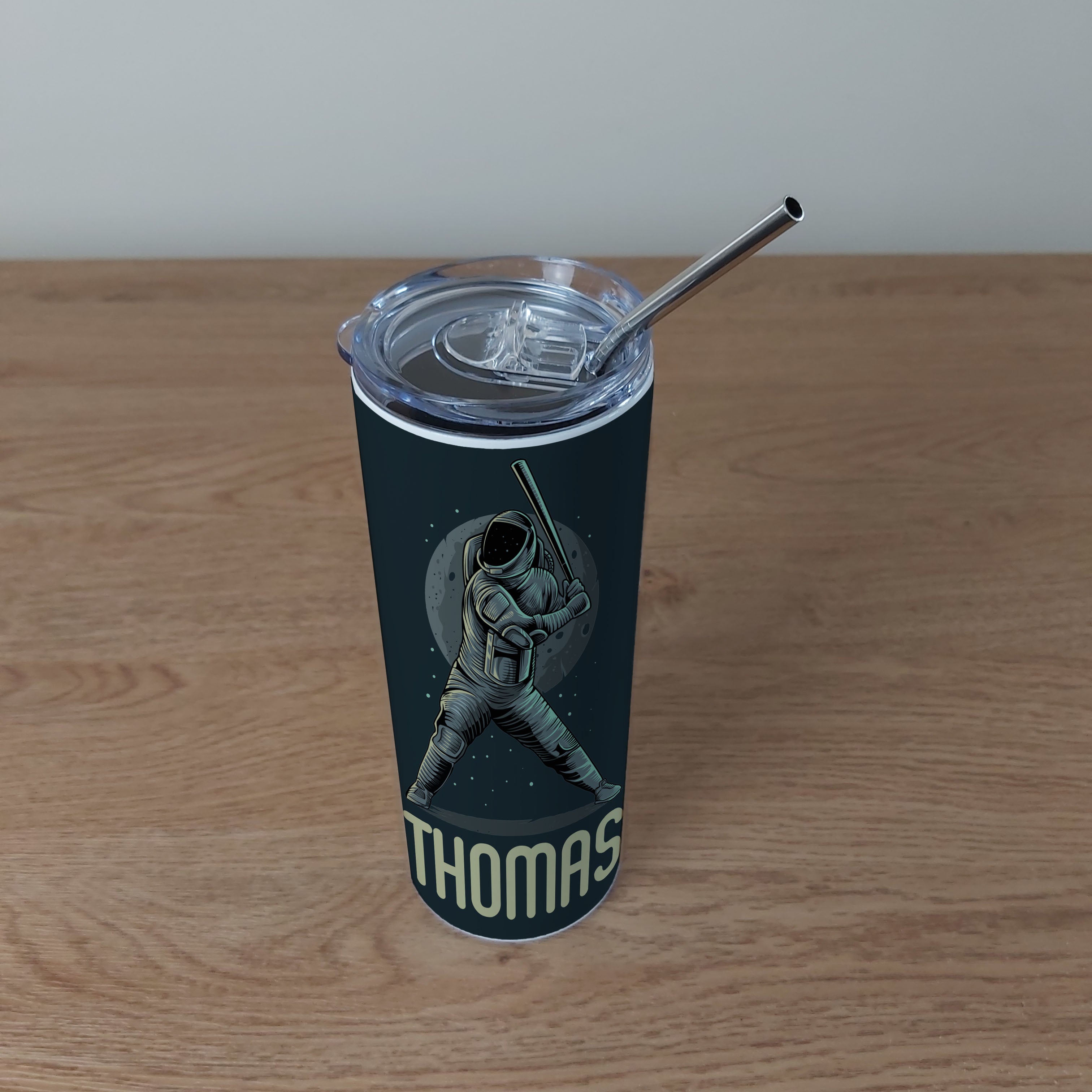 Personalised Stainless Steel Skinny Tumbler & Straw with Astronaut Baseball Design