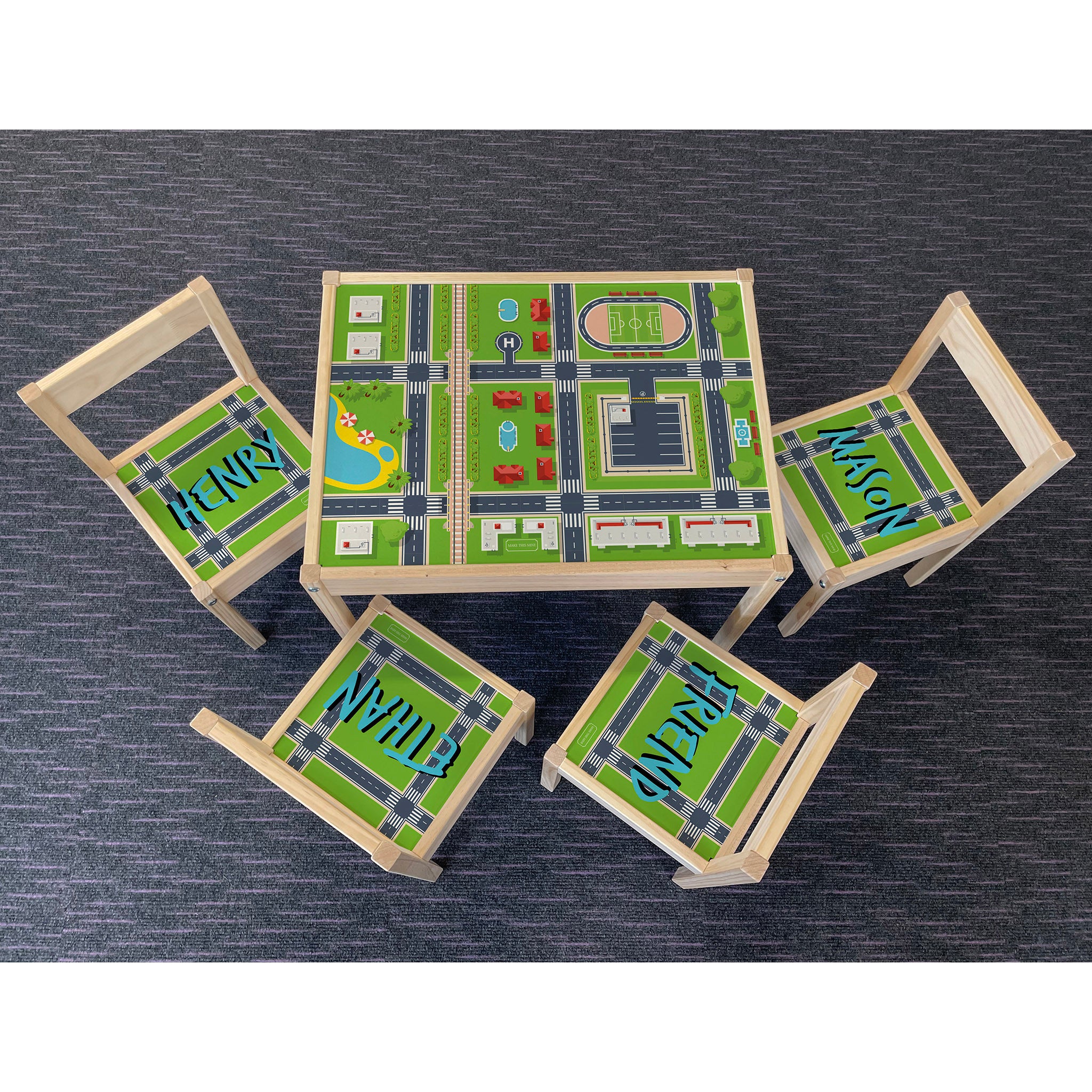 Personalised Children's Table and 4 Chairs Printed City Town Design