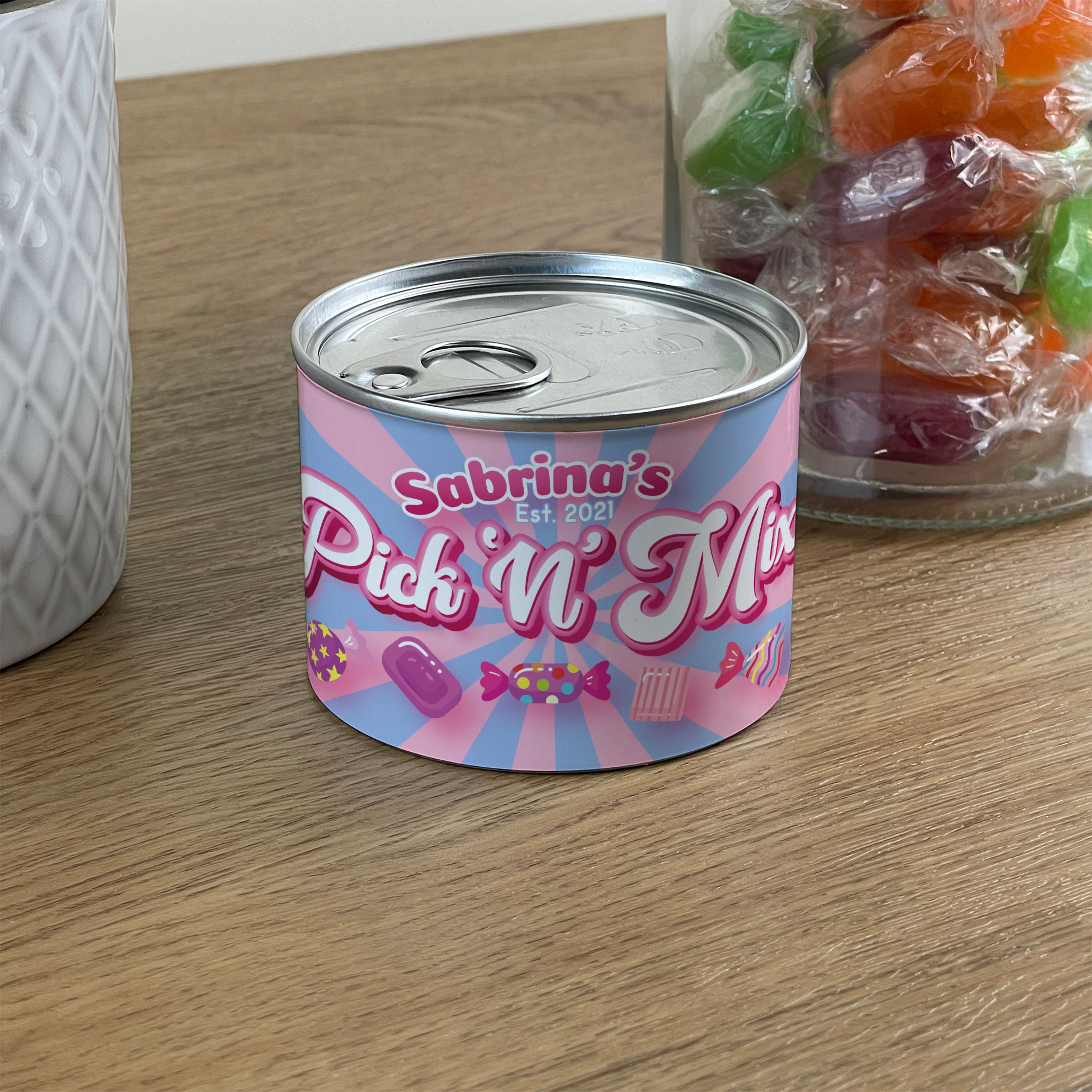 Personalised Pick & Mix Sweets Tin Can with Pink Swirl Design