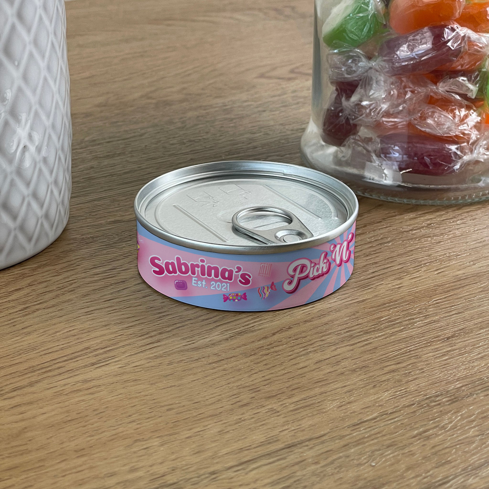 Personalised Pick & Mix Sweets Tin Can with Pink Swirl Design