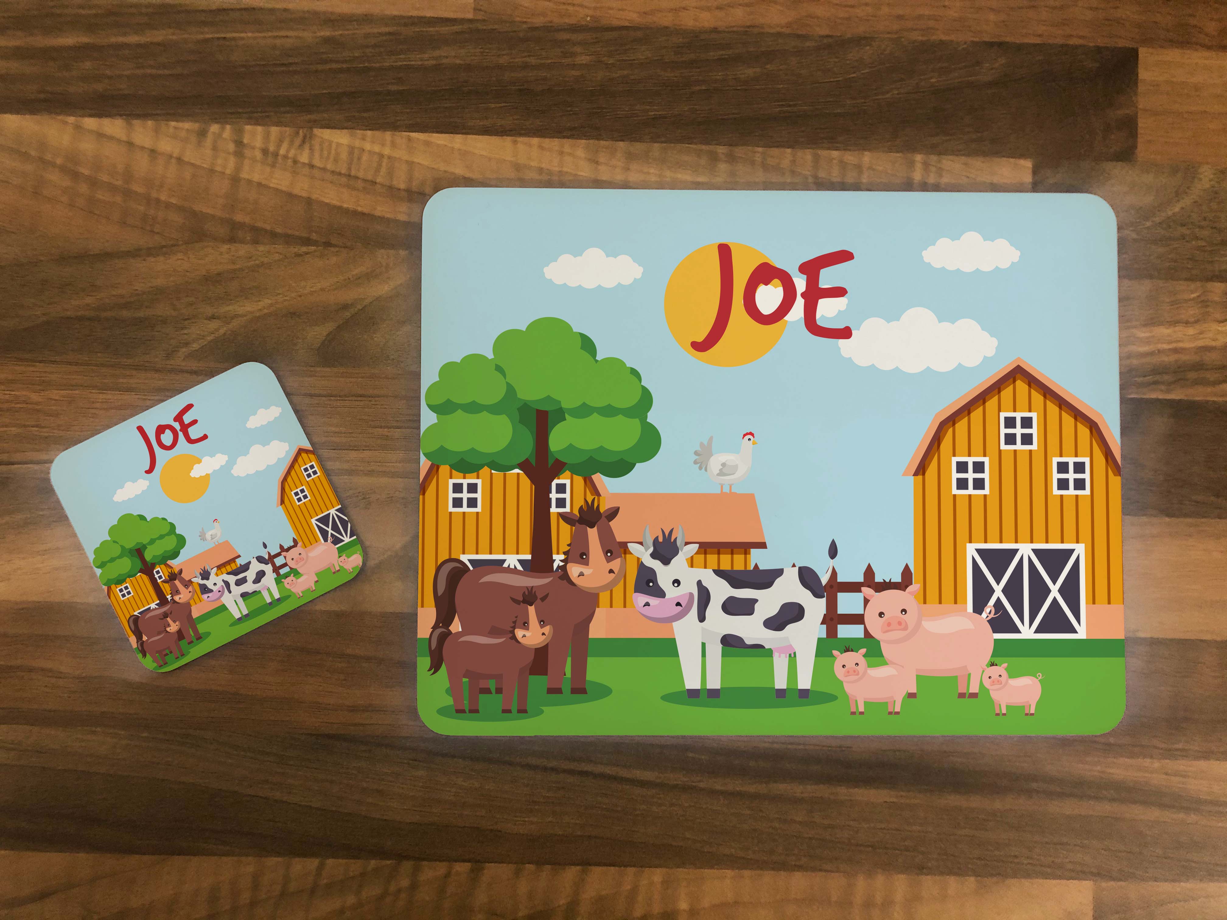 Personalised Kids Hardboard Placemat and Coaster Set Farm Design