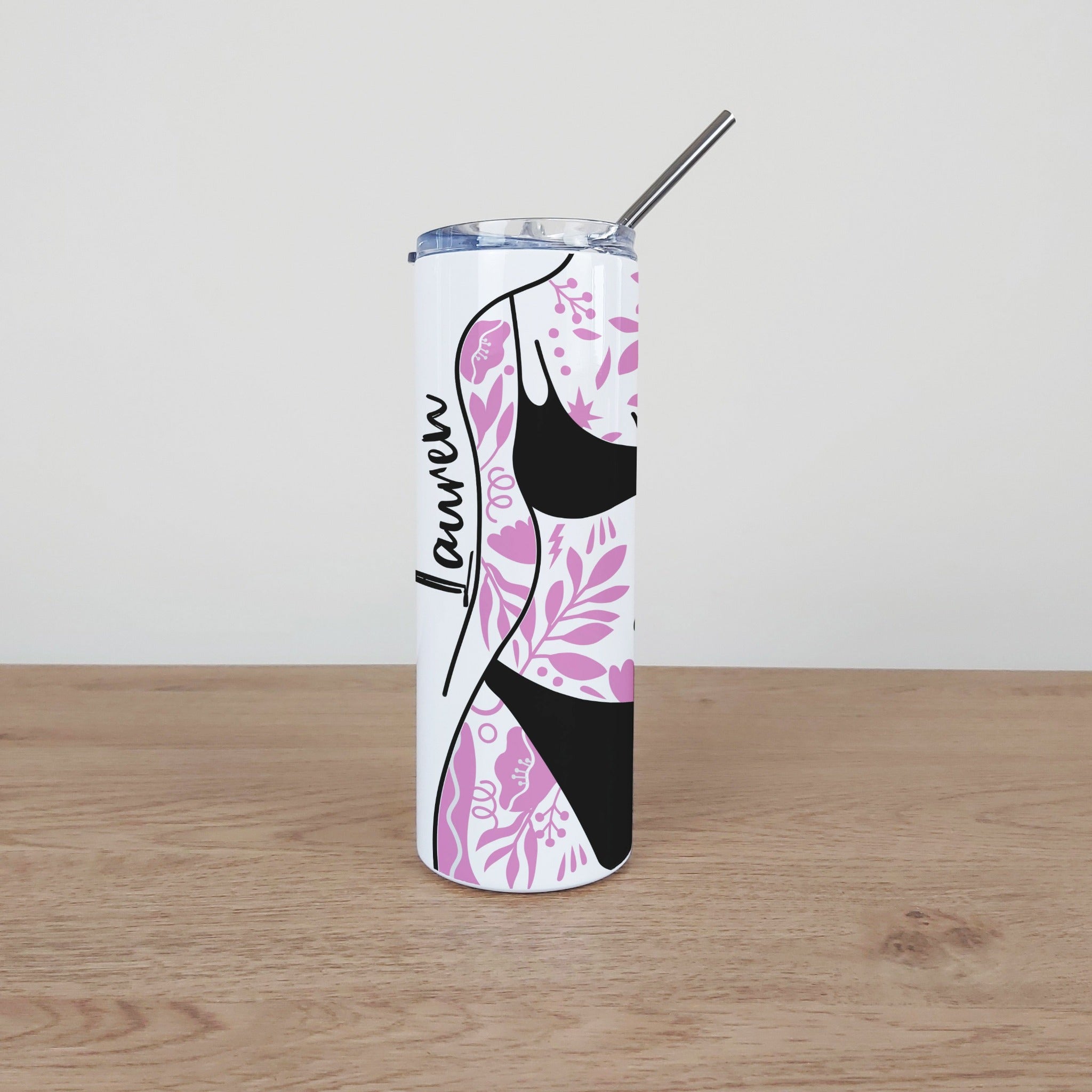 Personalised Stainless Steel Skinny Tumbler & Straw with Pink Flower Tattoo Body Design