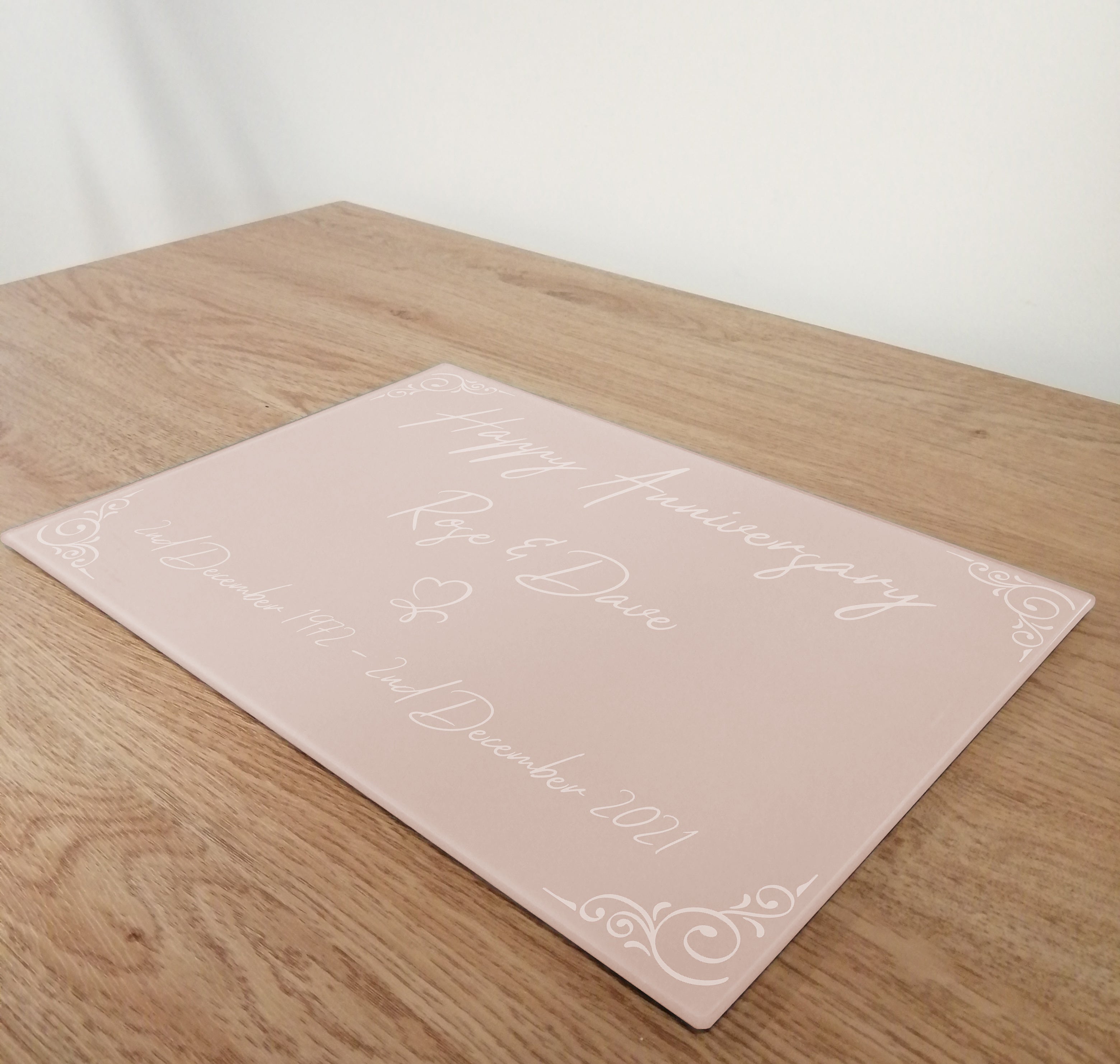 Personalised Happy Anniversary Pink Glass Worktop Saver