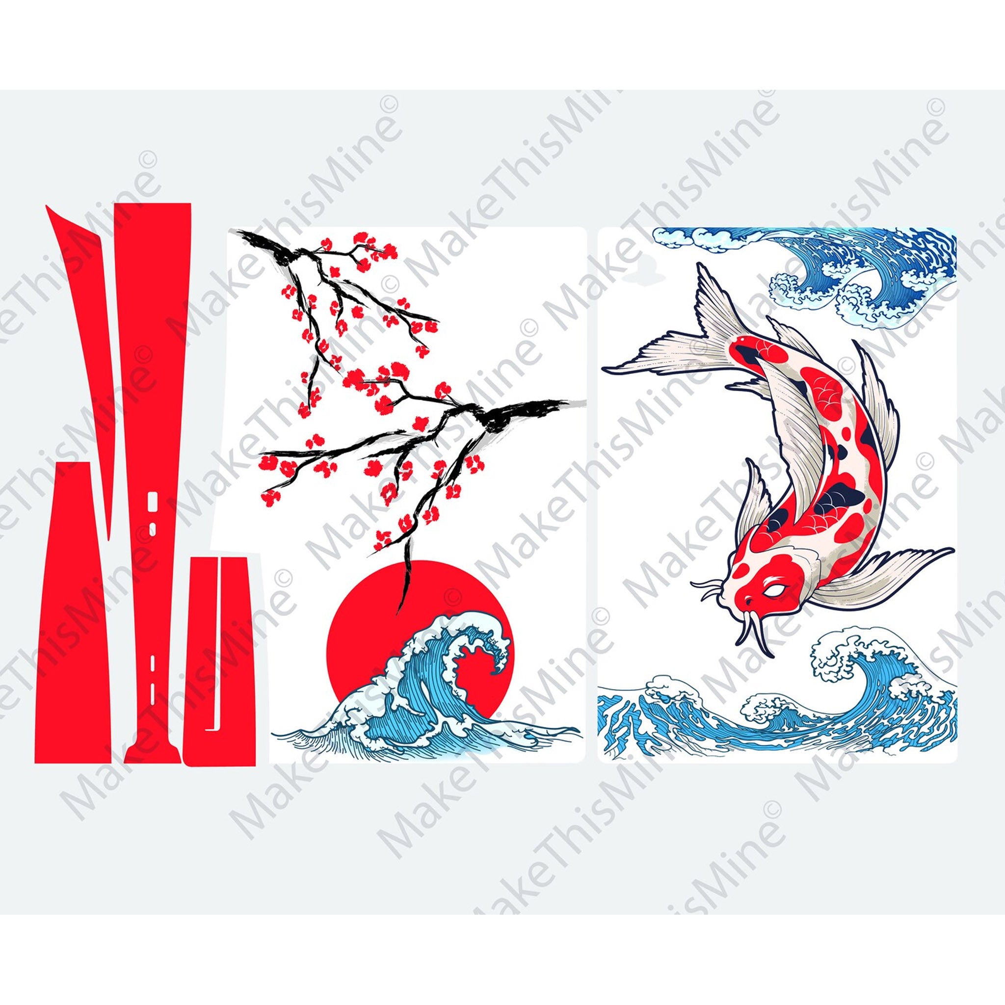 PS5 Japanese Red Koi and Waves Personalised Console Vinyl Sticker