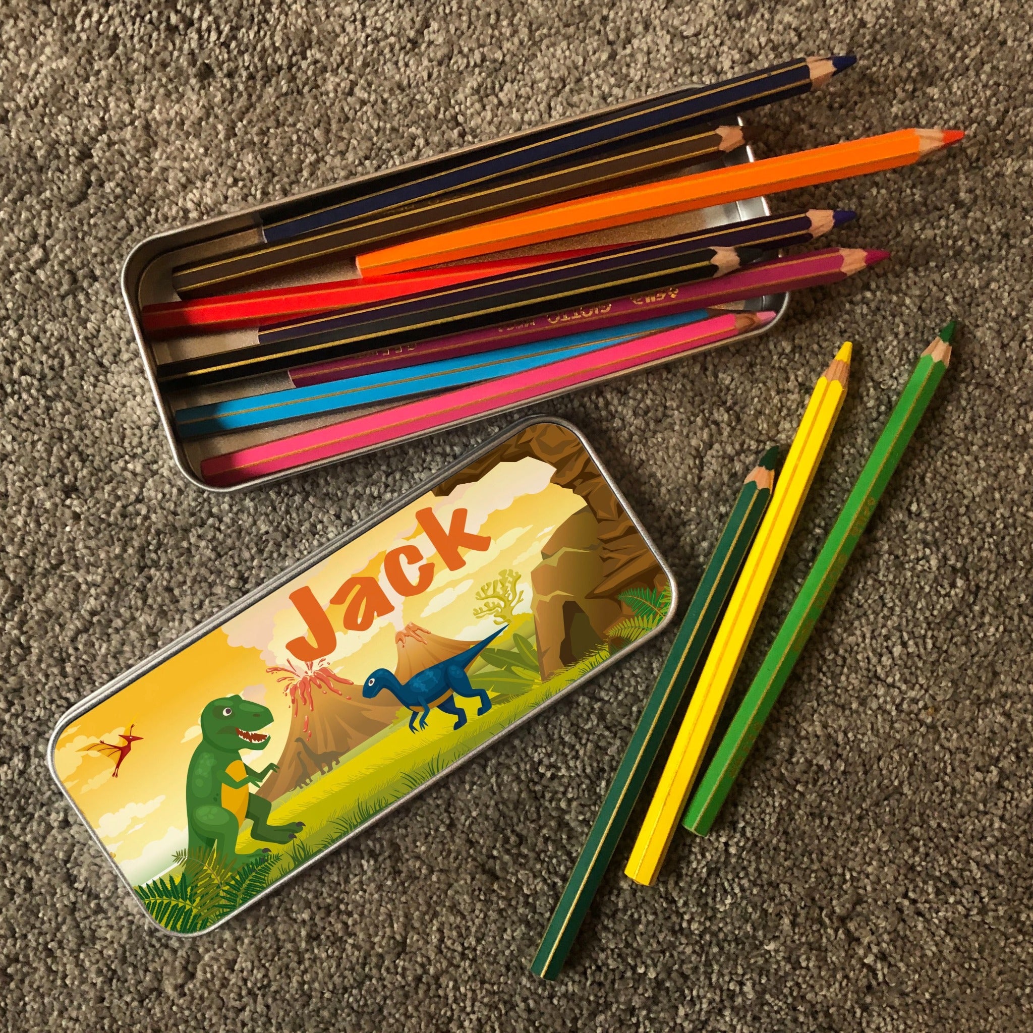 Personalised Children's Pencil Tin with Printed Dinosaur Volcano Design