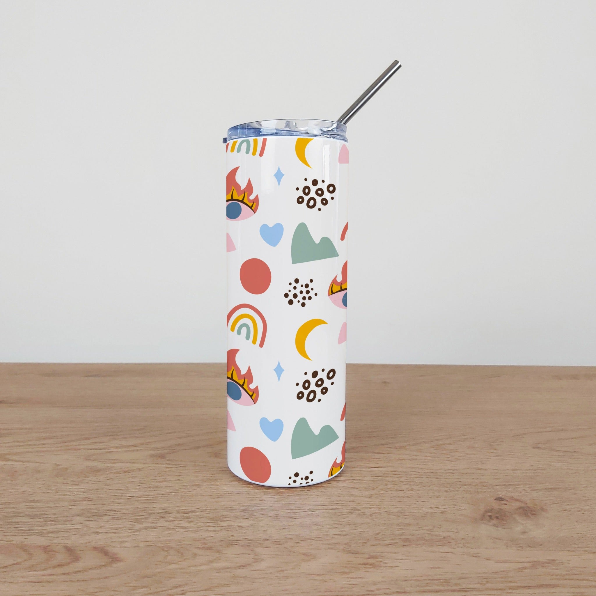 Stainless Steel Skinny Tumbler & Straw with Rainbow Moon Heart Design