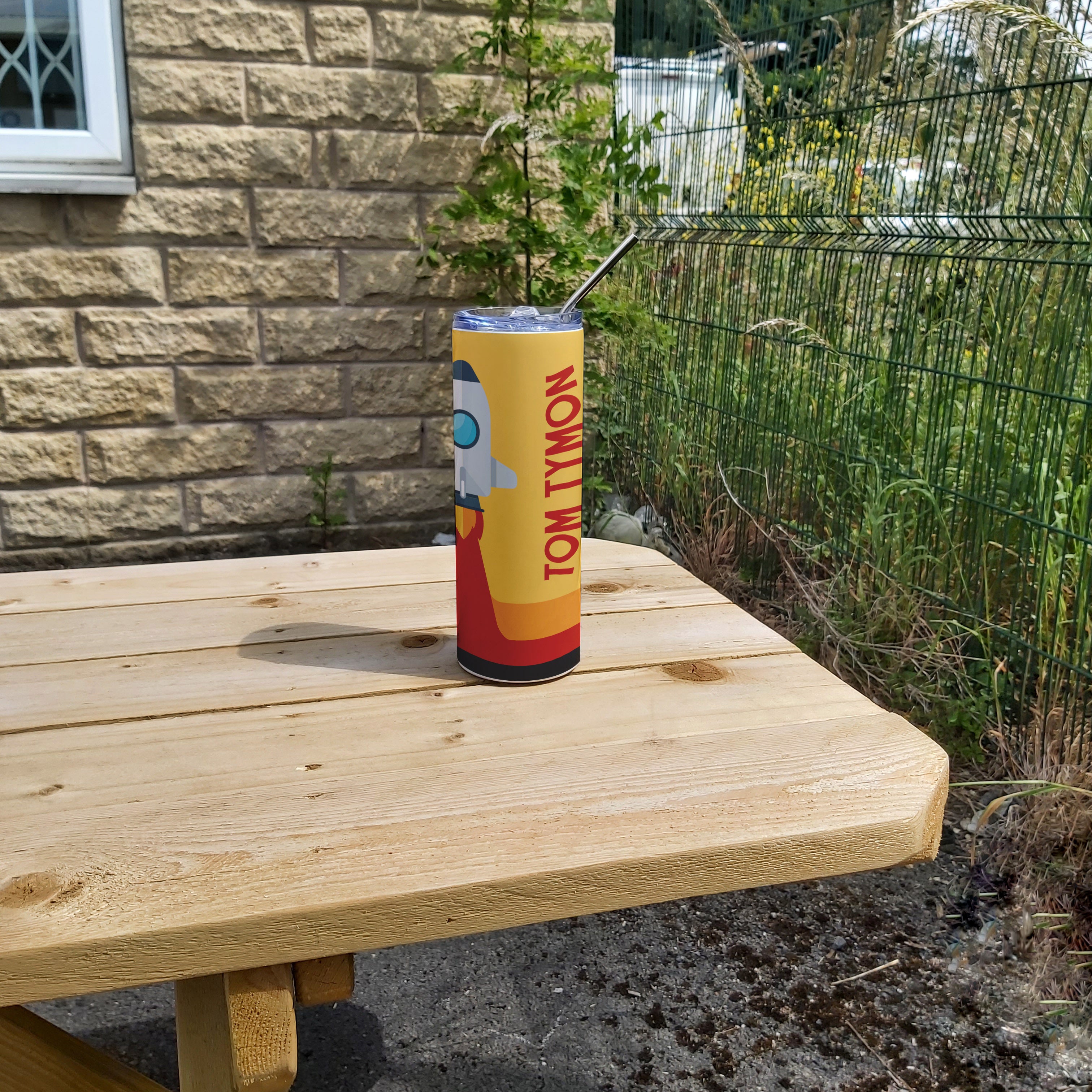 Personalised Stainless Steel Skinny Tumbler & Straw with Space Rocket Design