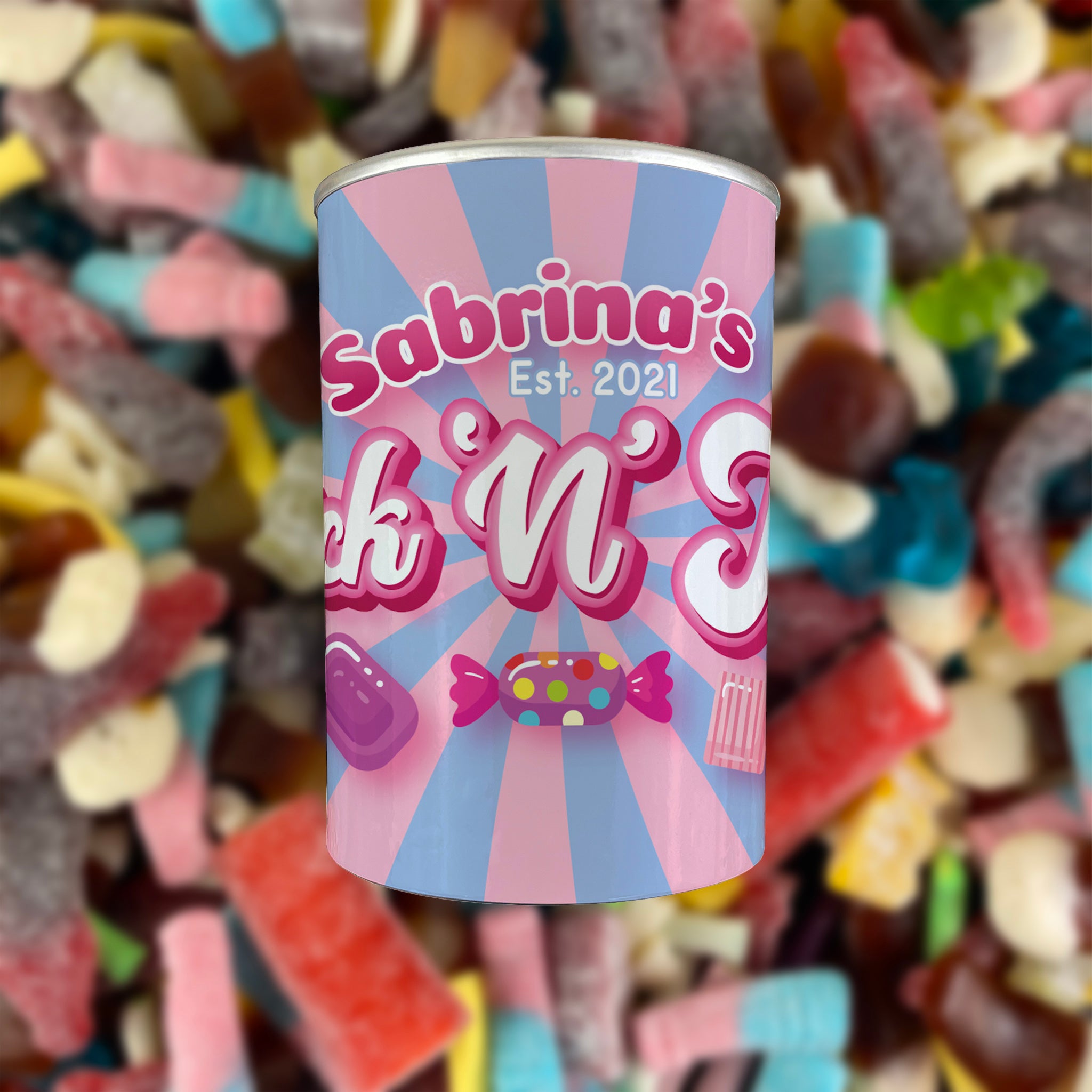Personalised Pick & Mix Sweets Tin Can with Pink Swirl Design