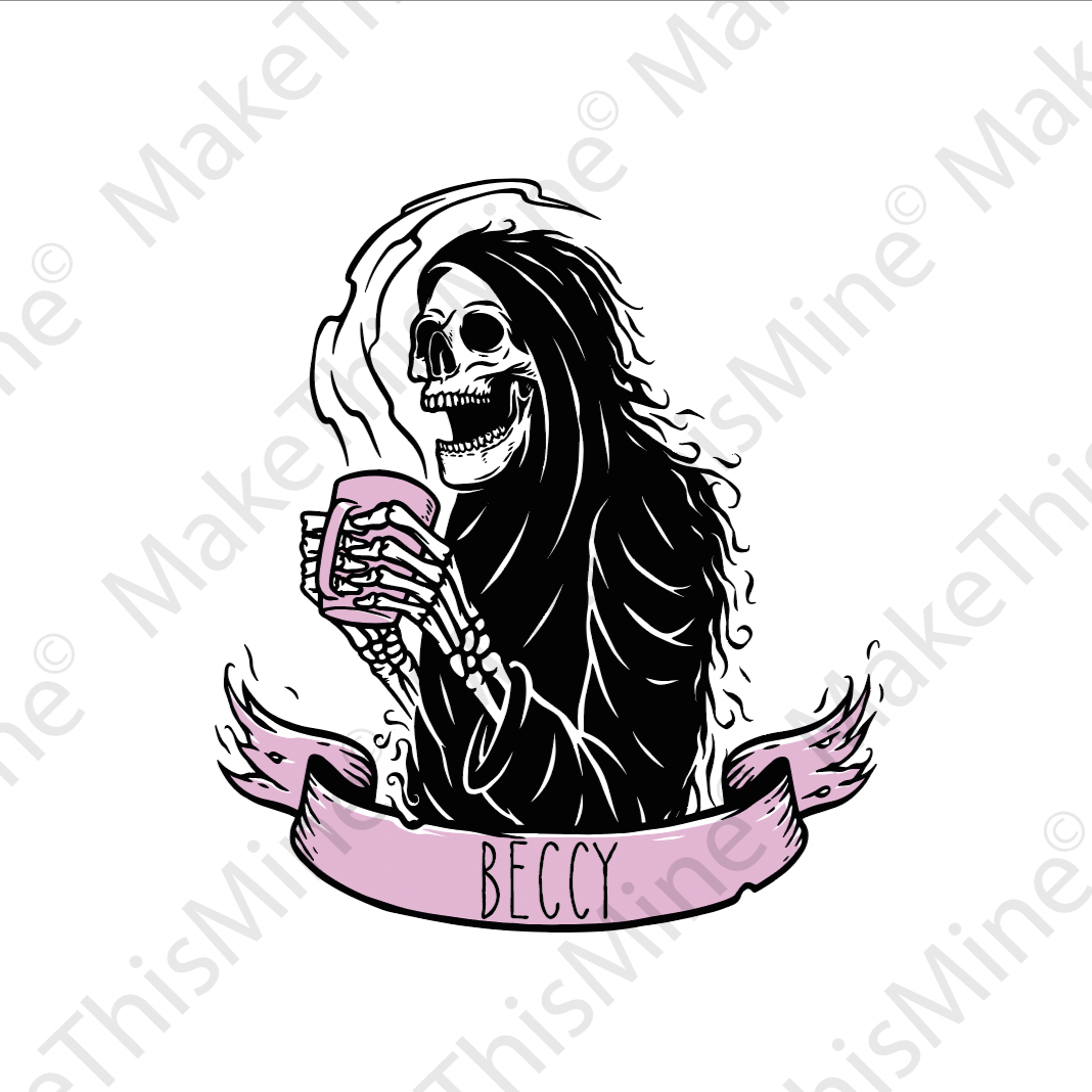 Personalised Stainless Steel Skinny Tumbler & Straw with Skeleton Tea Coffee Grim Reaper Design