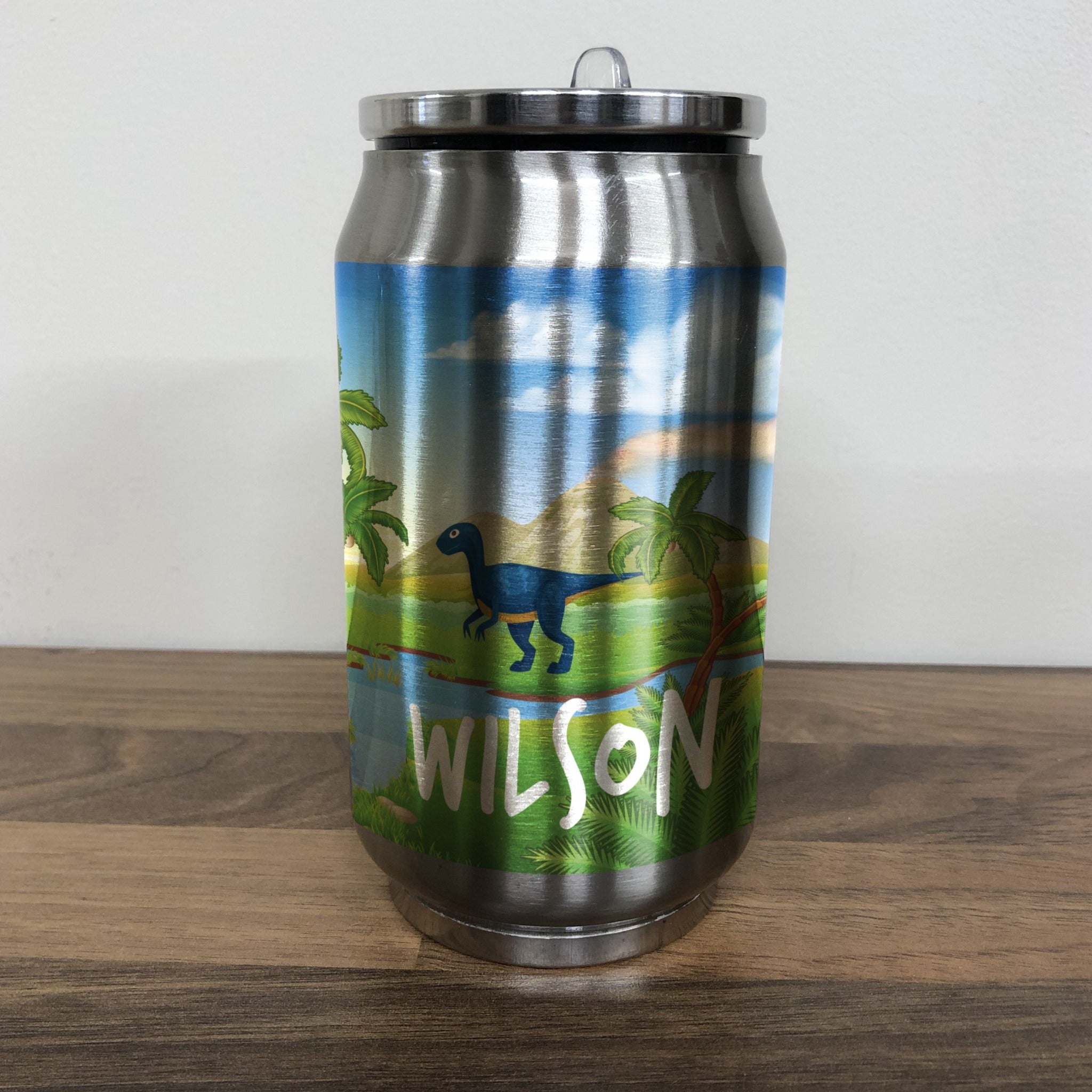 Personalised Children's Blue Dinosaur 280ml Stainless Steel Drinks Can