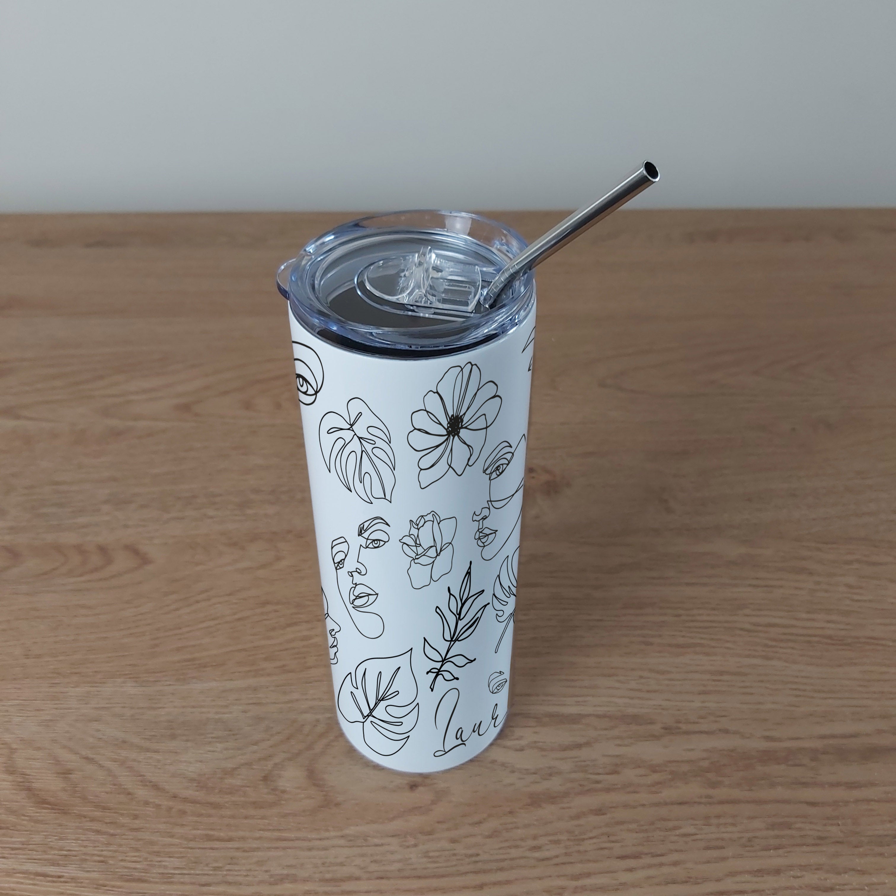 Personalised Stainless Steel Skinny Tumbler & Straw with Abstract Single Line Illustration Design