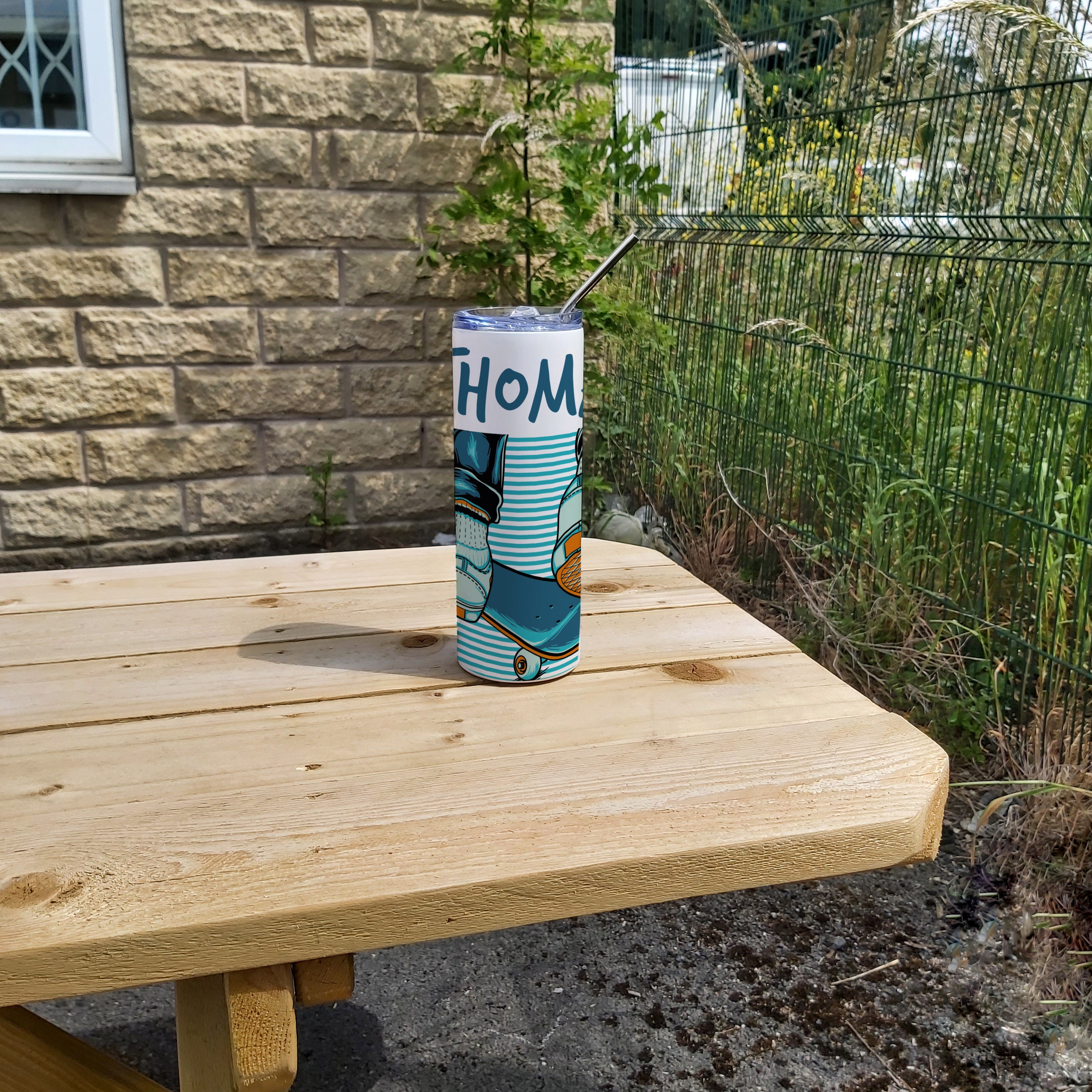 Personalised Stainless Steel Skinny Tumbler & Straw with Skateboard Design