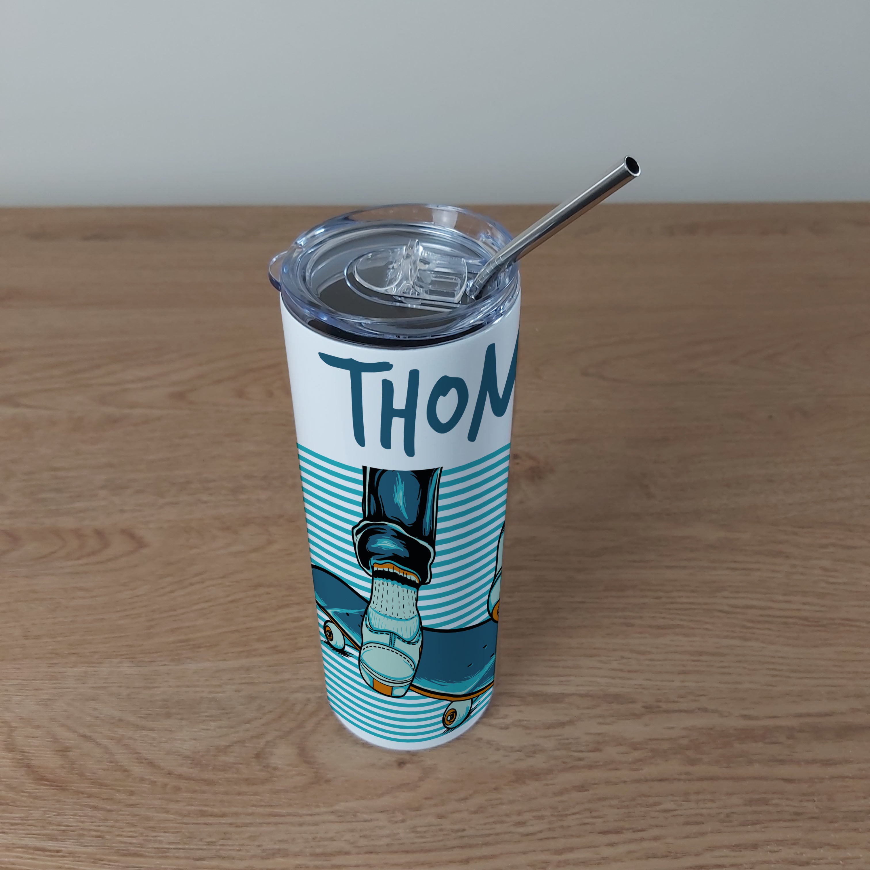 Personalised Stainless Steel Skinny Tumbler & Straw with Skateboard Design