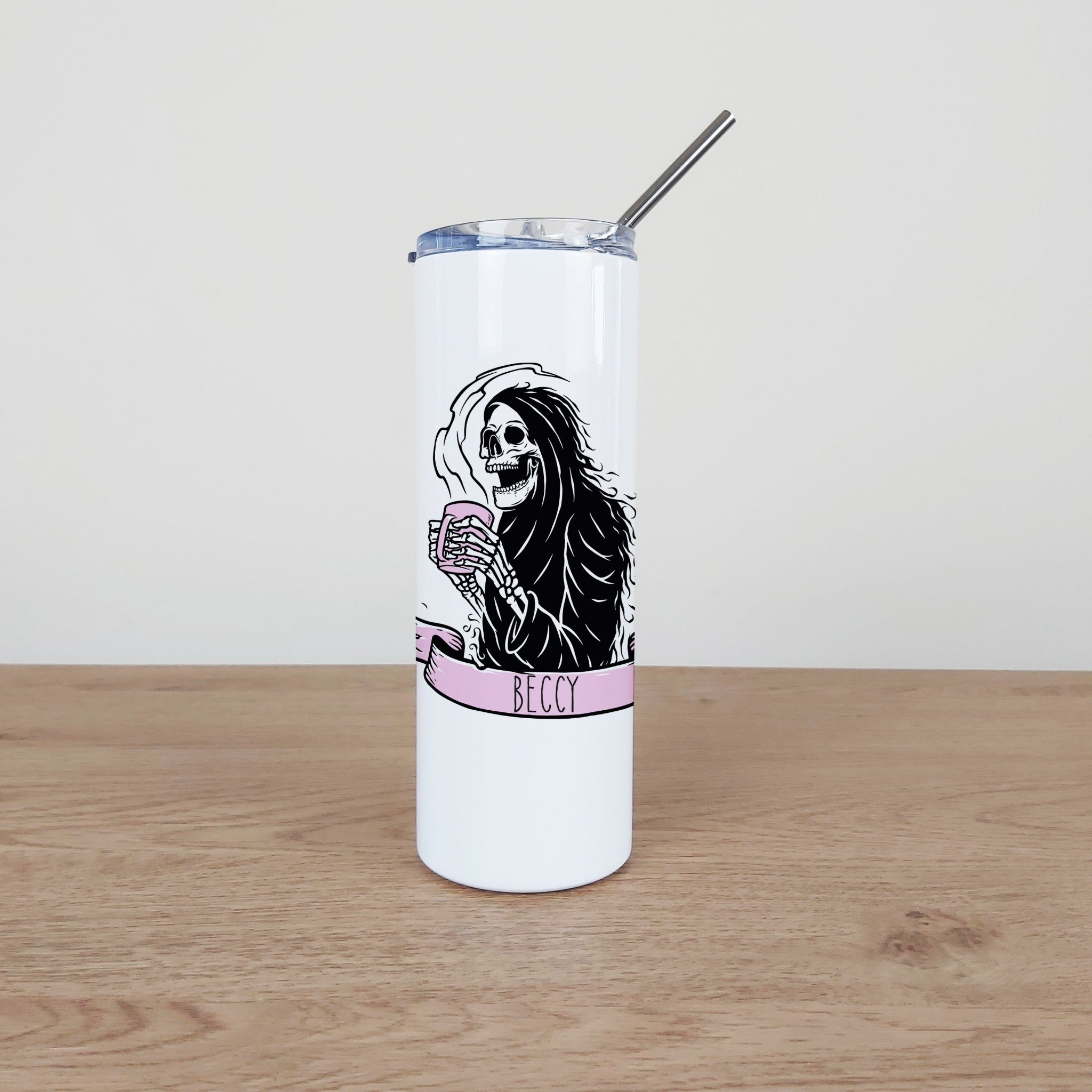 Personalised Stainless Steel Skinny Tumbler & Straw with Skeleton Tea Coffee Grim Reaper Design