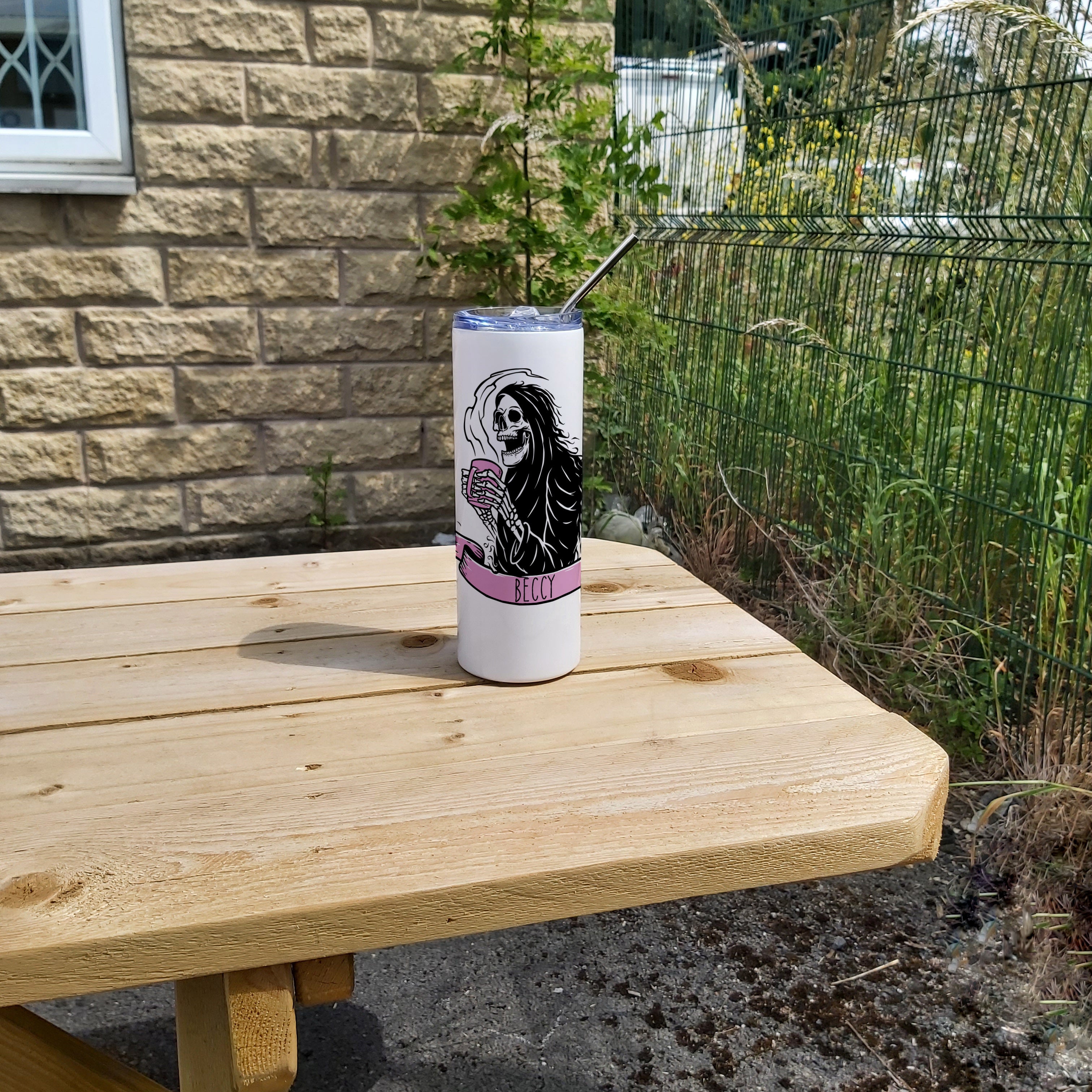 Personalised Stainless Steel Skinny Tumbler & Straw with Skeleton Tea Coffee Grim Reaper Design