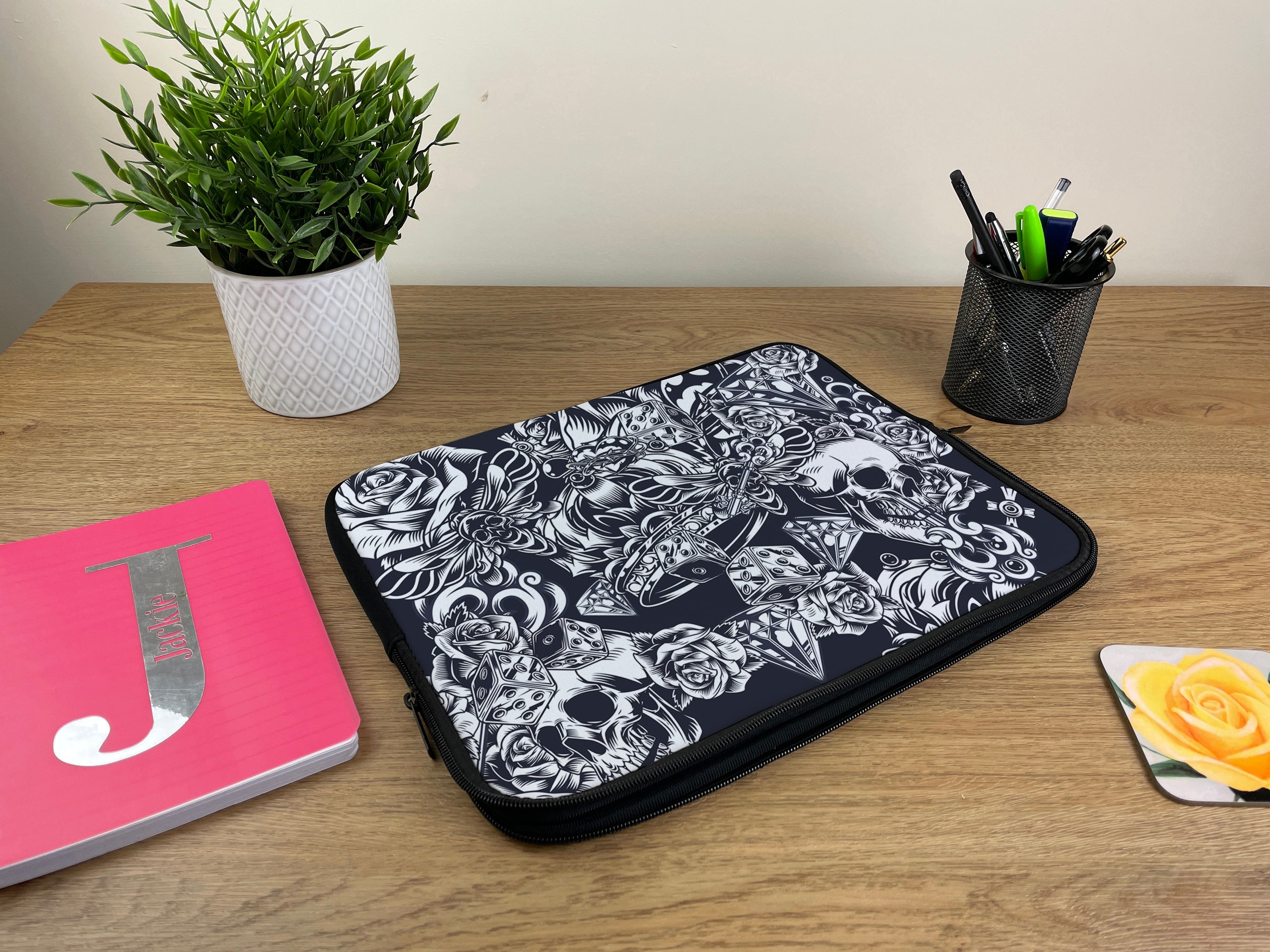 Laptop Sleeve with Black and White Skulls and Roses Design