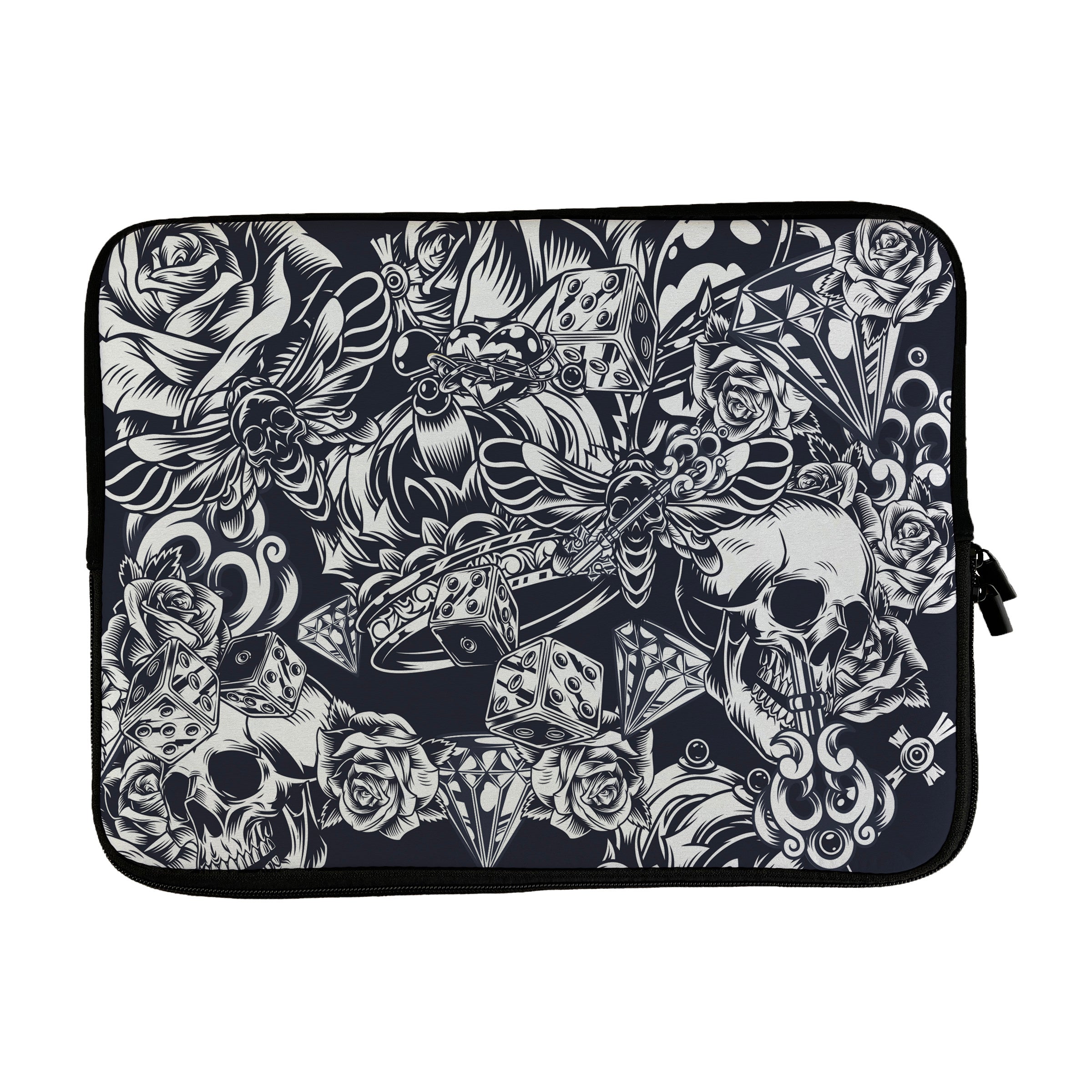 Laptop Sleeve with Black and White Skulls and Roses Design