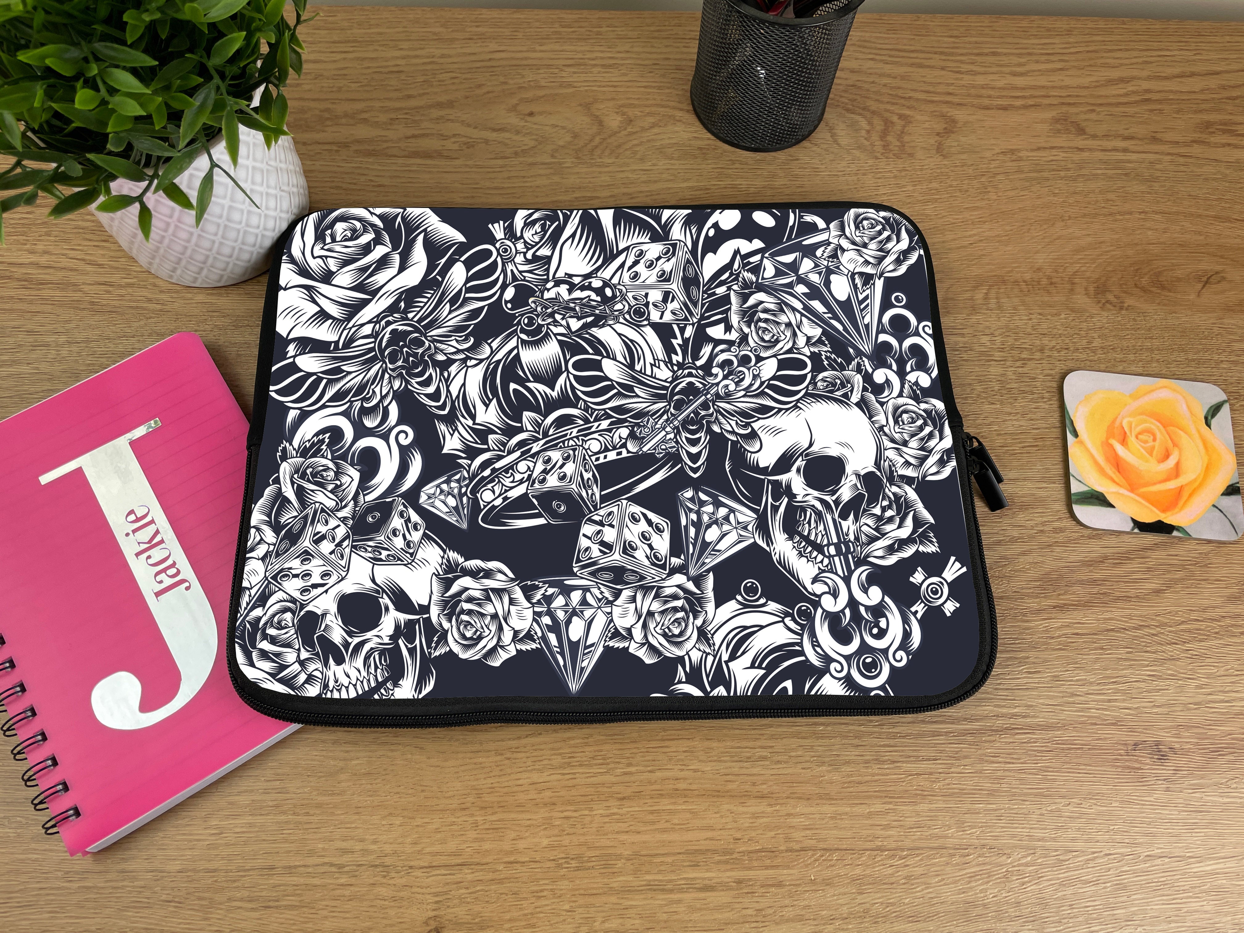 Laptop Sleeve with Black and White Skulls and Roses Design