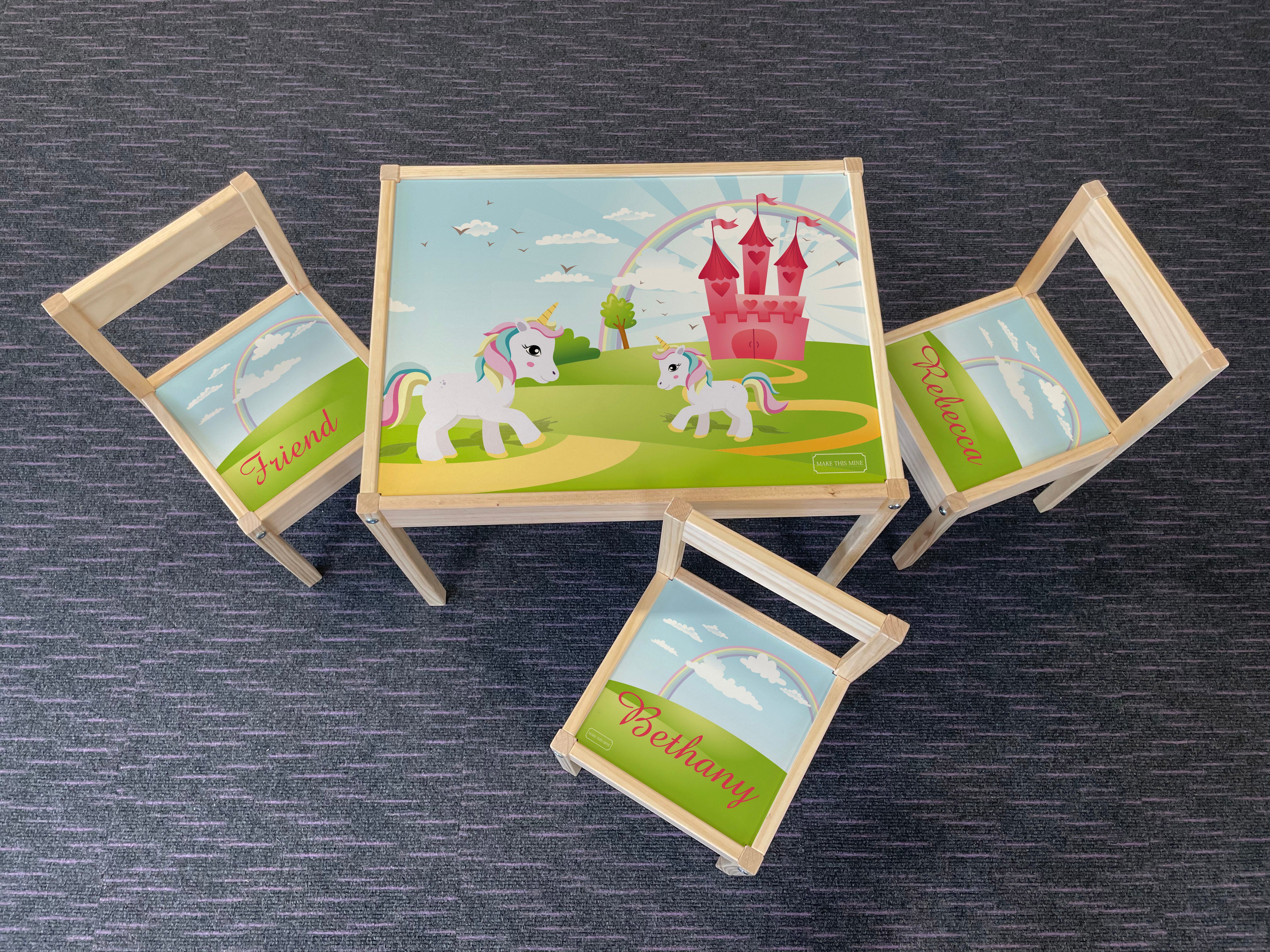 Personalised Children's Table and 3 Chairs Printed Unicorn Fairytale Design
