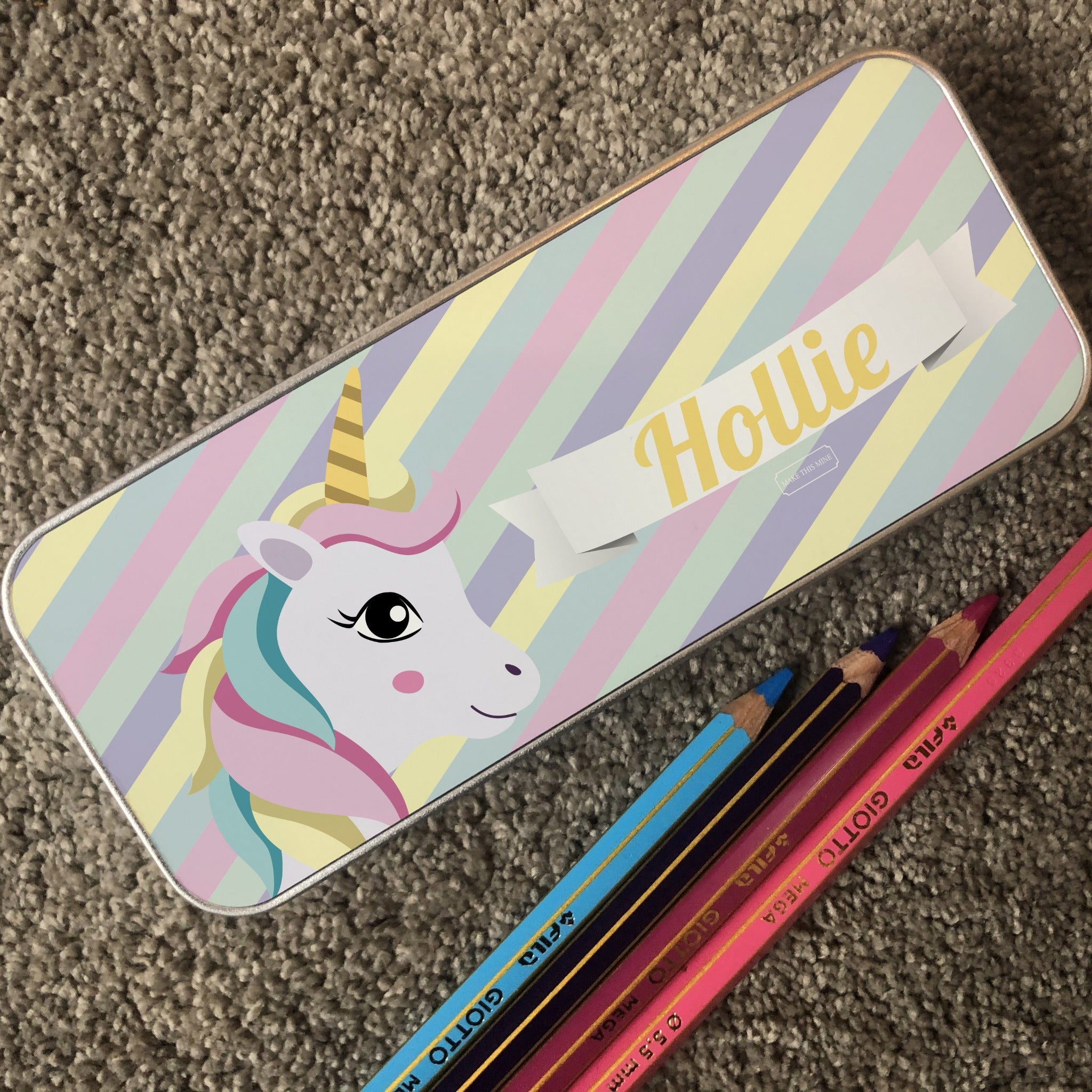 Personalised Children's Pencil Tin with Printed Striped Unicorn Design