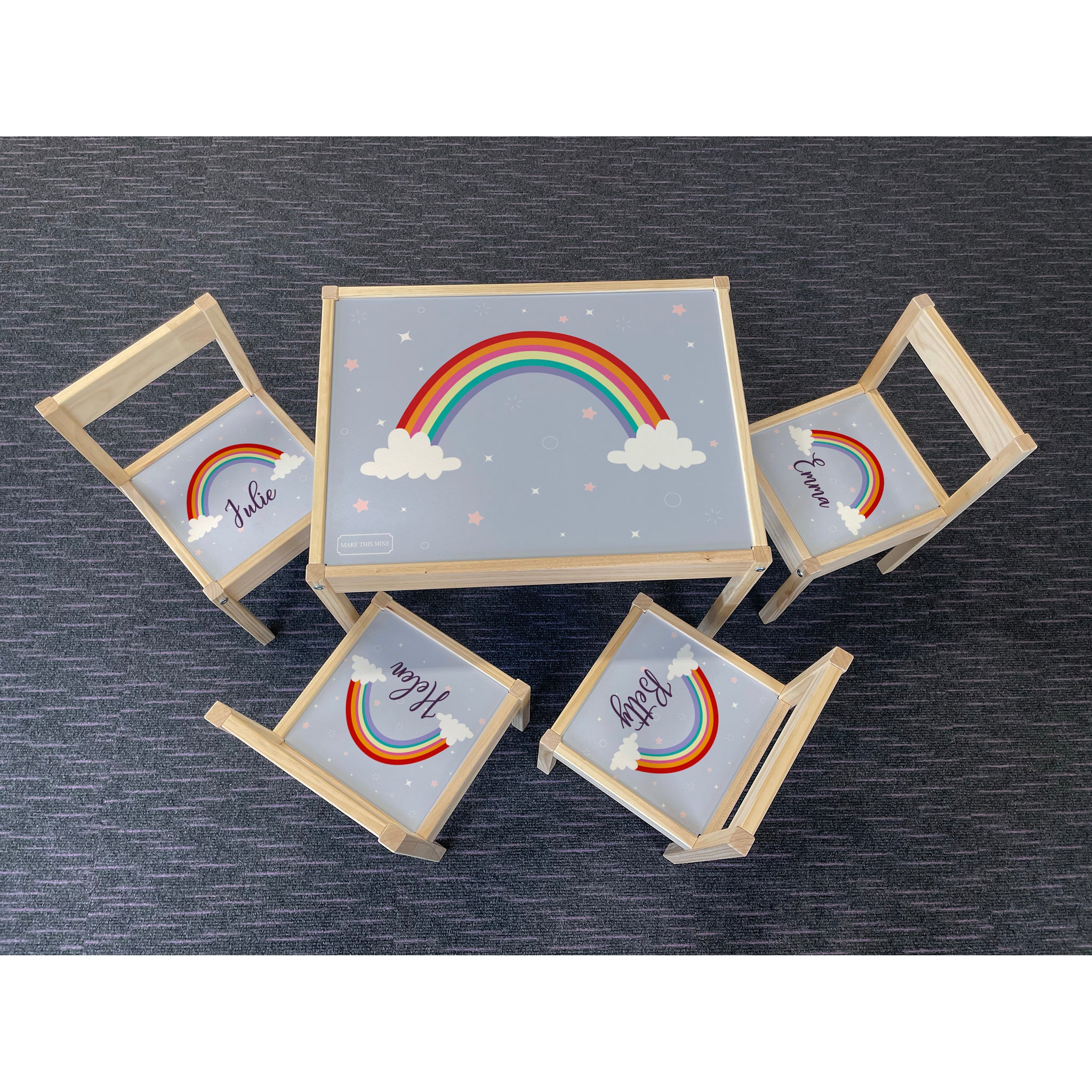 Personalised Children's Table and 4 Chairs Printed Rainbow Design