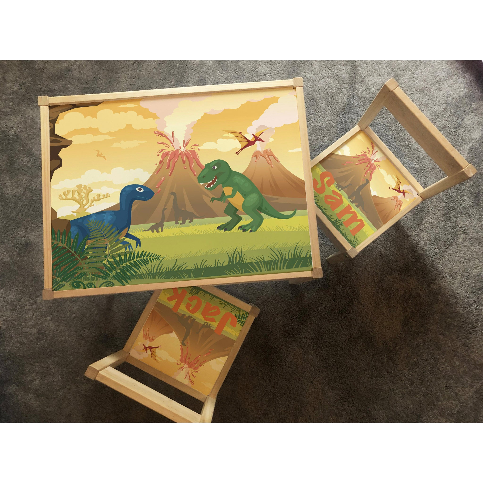 Personalised Children's Table and 2 Chairs Printed Dinosaur Volcano Design
