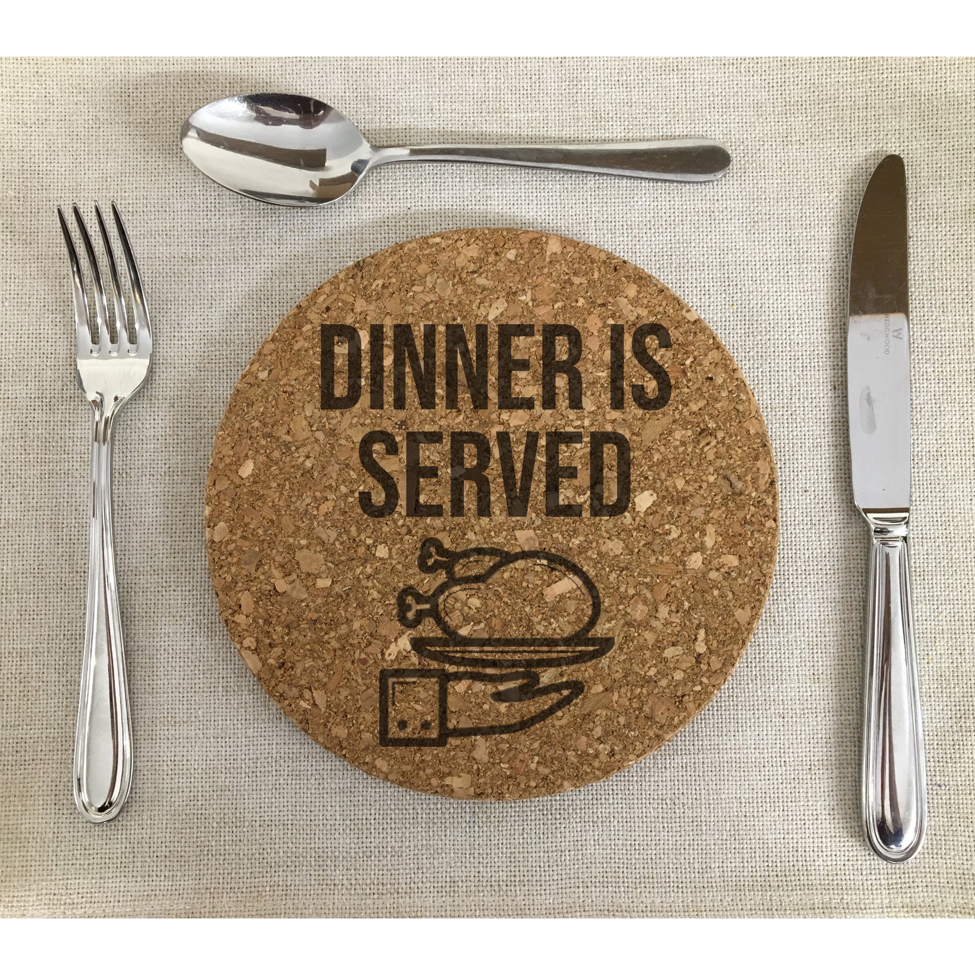 Cork Trivet Mat "Dinner is Served"