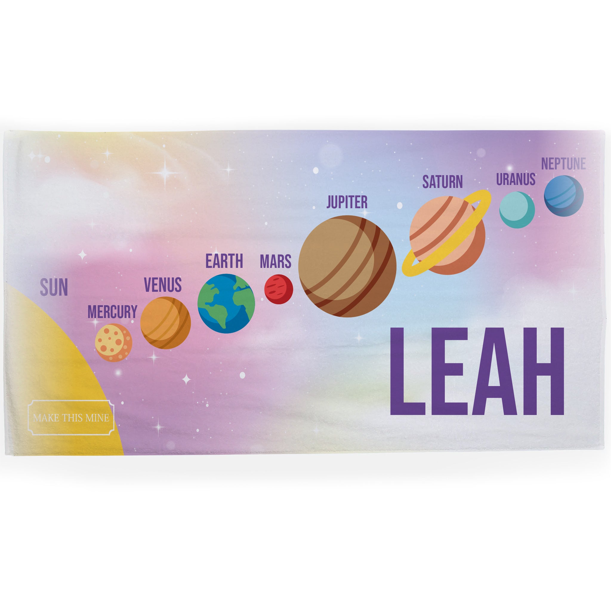 Personalised Children's Towel Pink Planets Solar System