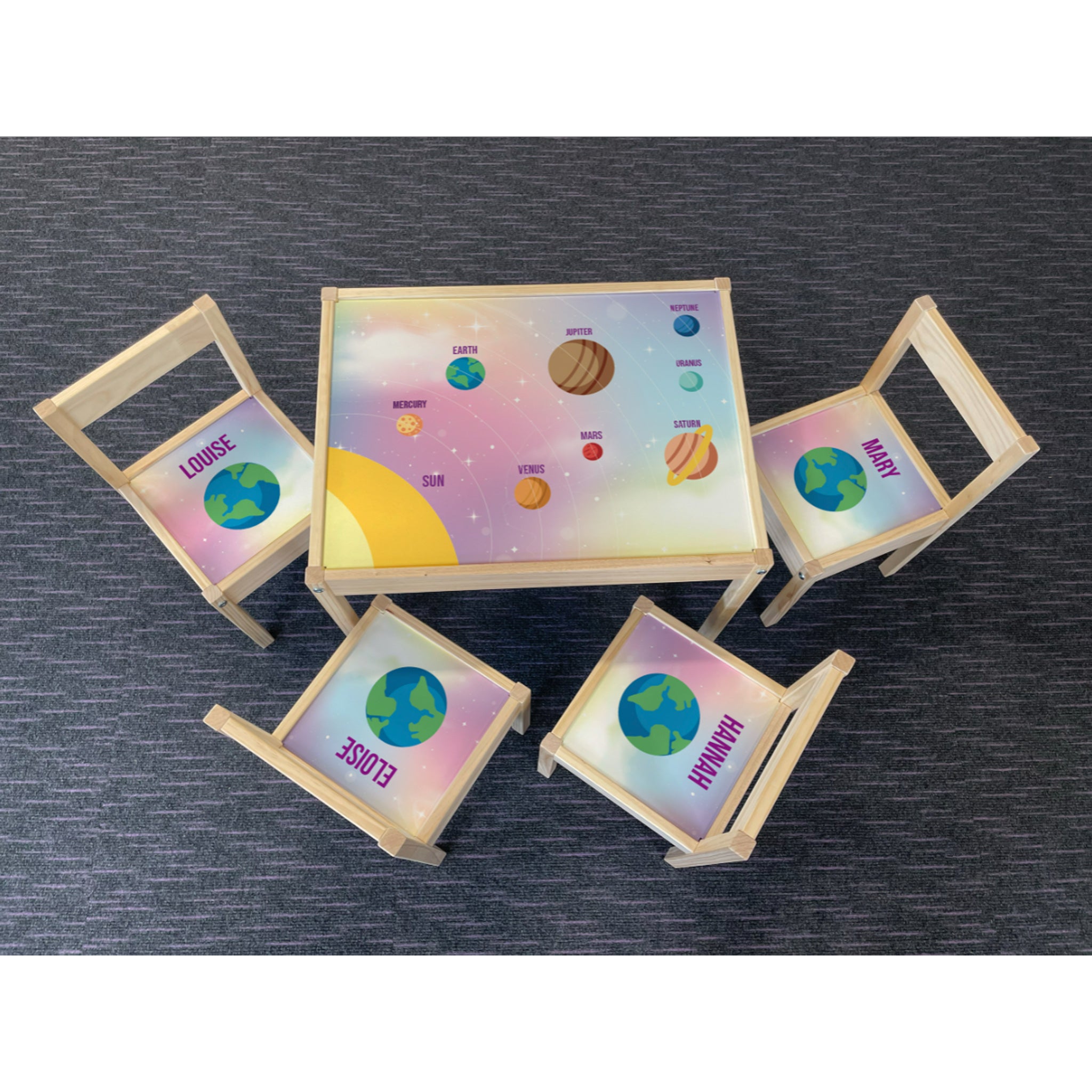 Personalised Children's Table and 4 Chairs Printed Pink Planets Design