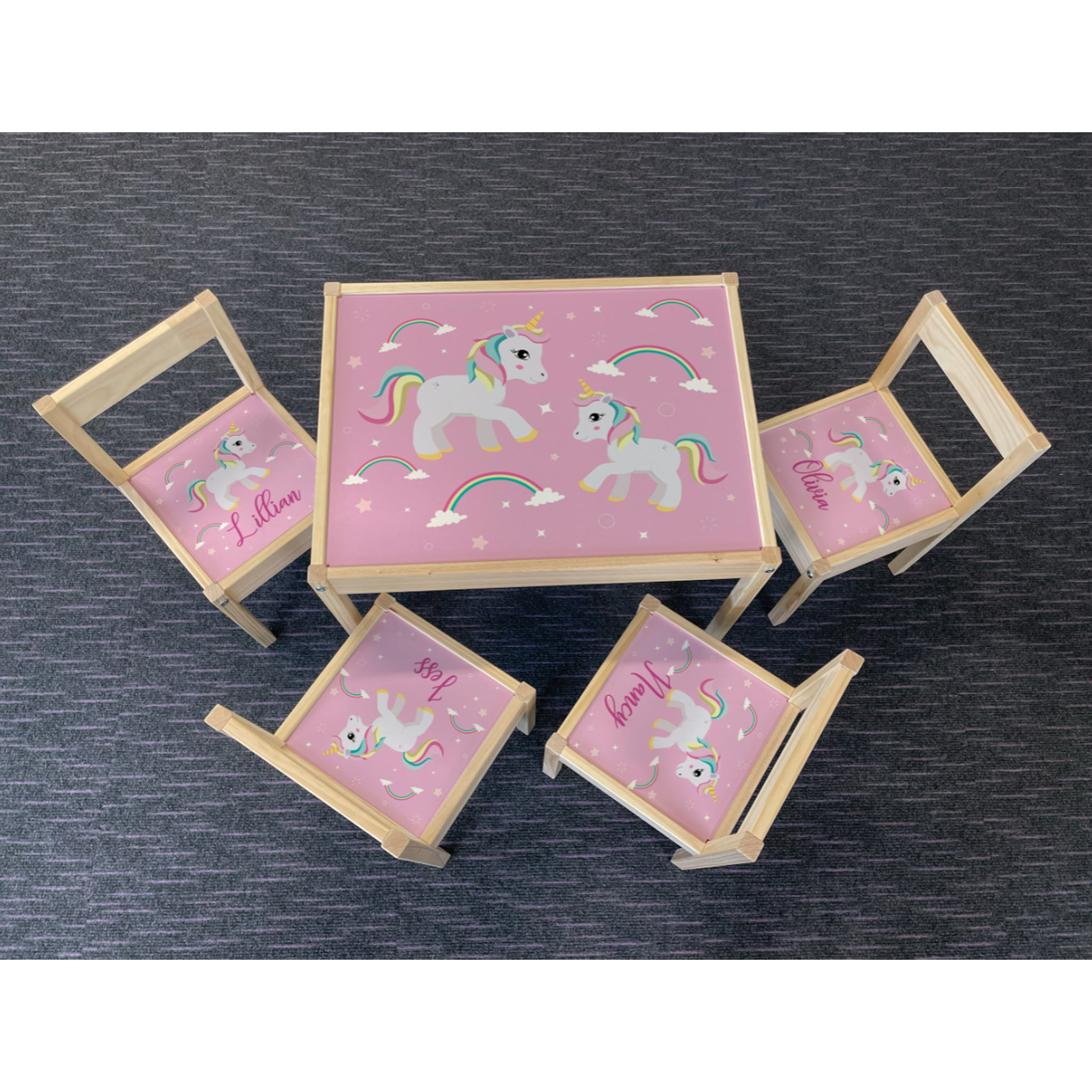 Personalised Children's Table and 4 Chairs Printed Pink Unicorn Sparkle Design