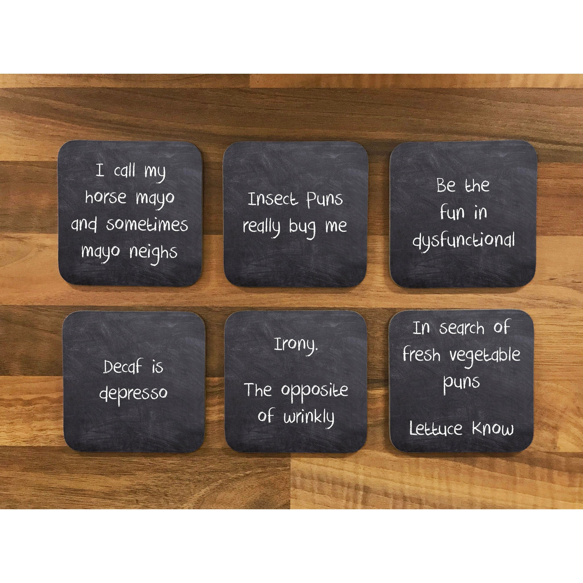 Set No 2 - Chalk Board Effect Pun Coasters - 6pk