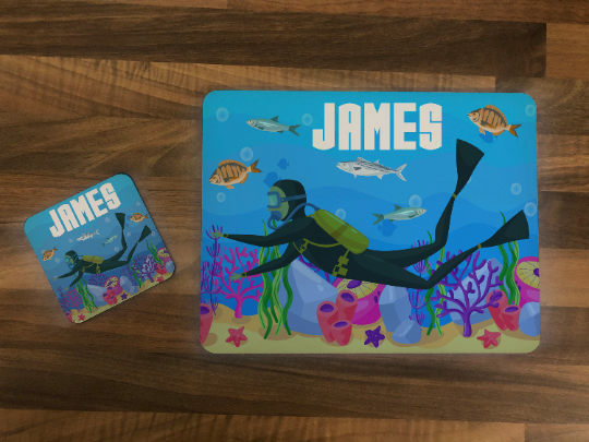 Personalised Kids Hardboard Placemat and Coaster Set Scuba Design