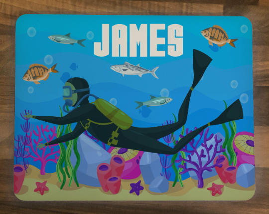Personalised Kids Hardboard Placemat and Coaster Set Scuba Design