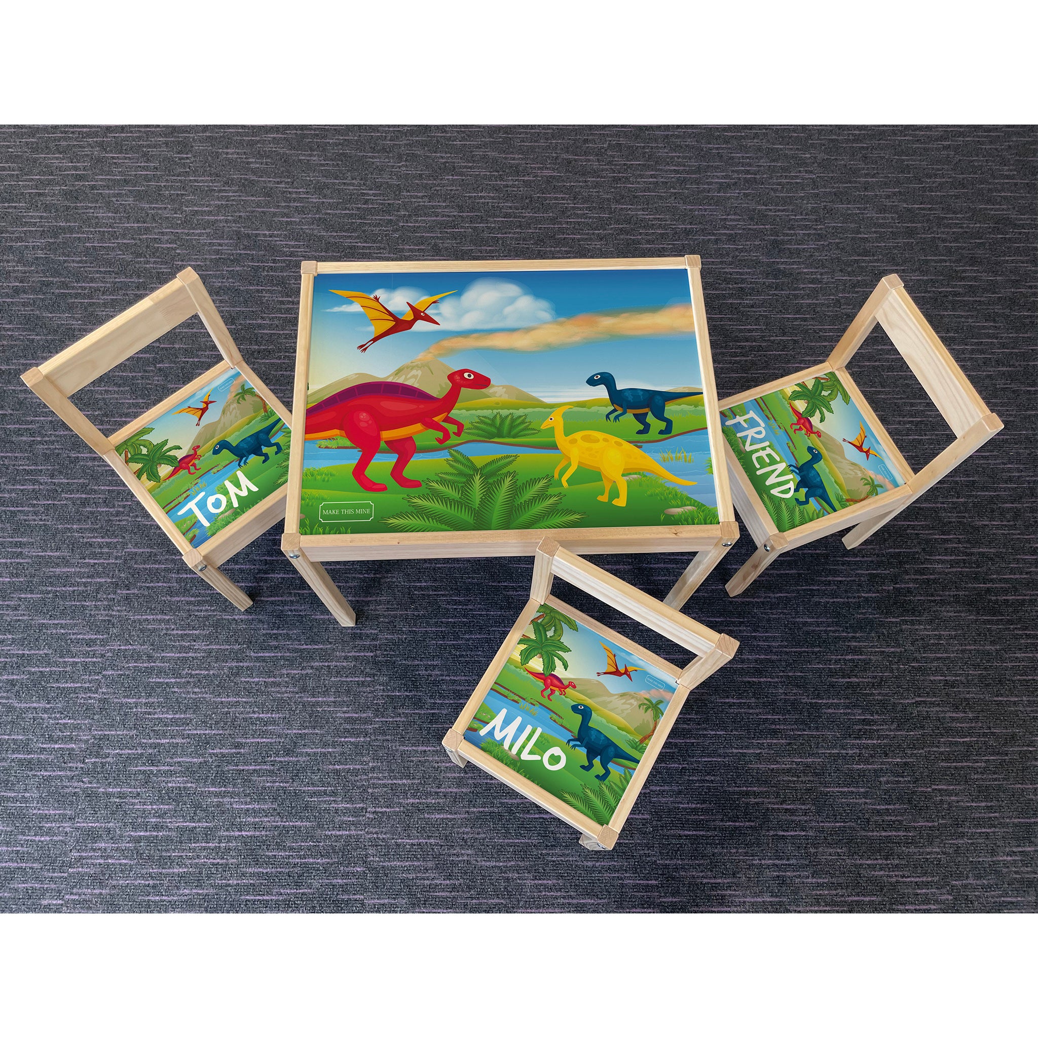 Personalised Children's Table and 3 Chairs Printed Dinosaur Landscape Design