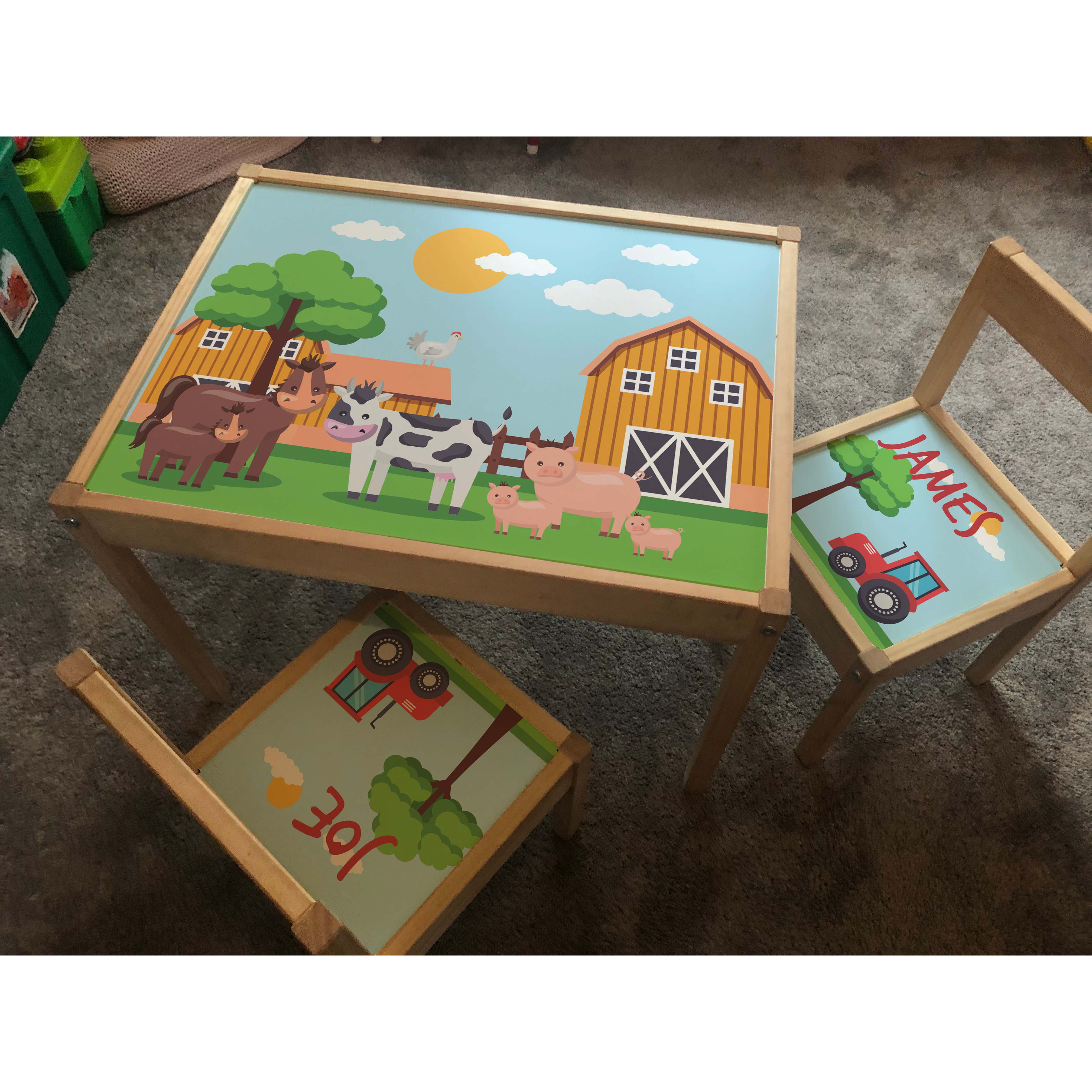Personalised Children's Table and 2 Chairs Printed Farm Design