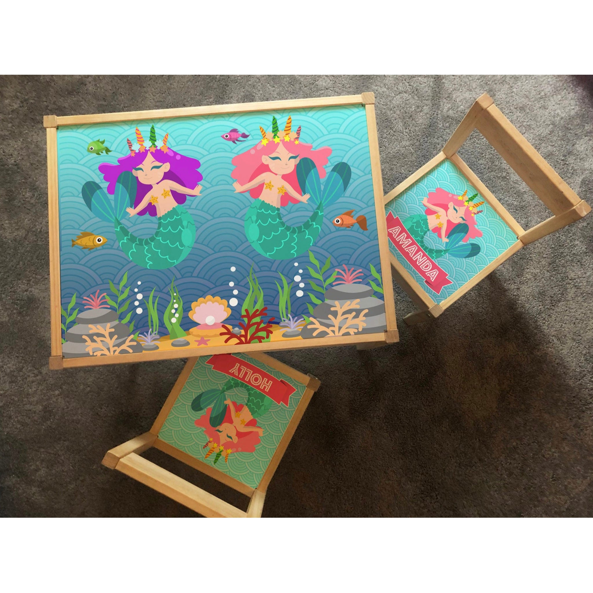 Personalised Children's Ikea LATT Wooden Table and 2 Chairs Printed Mermaid