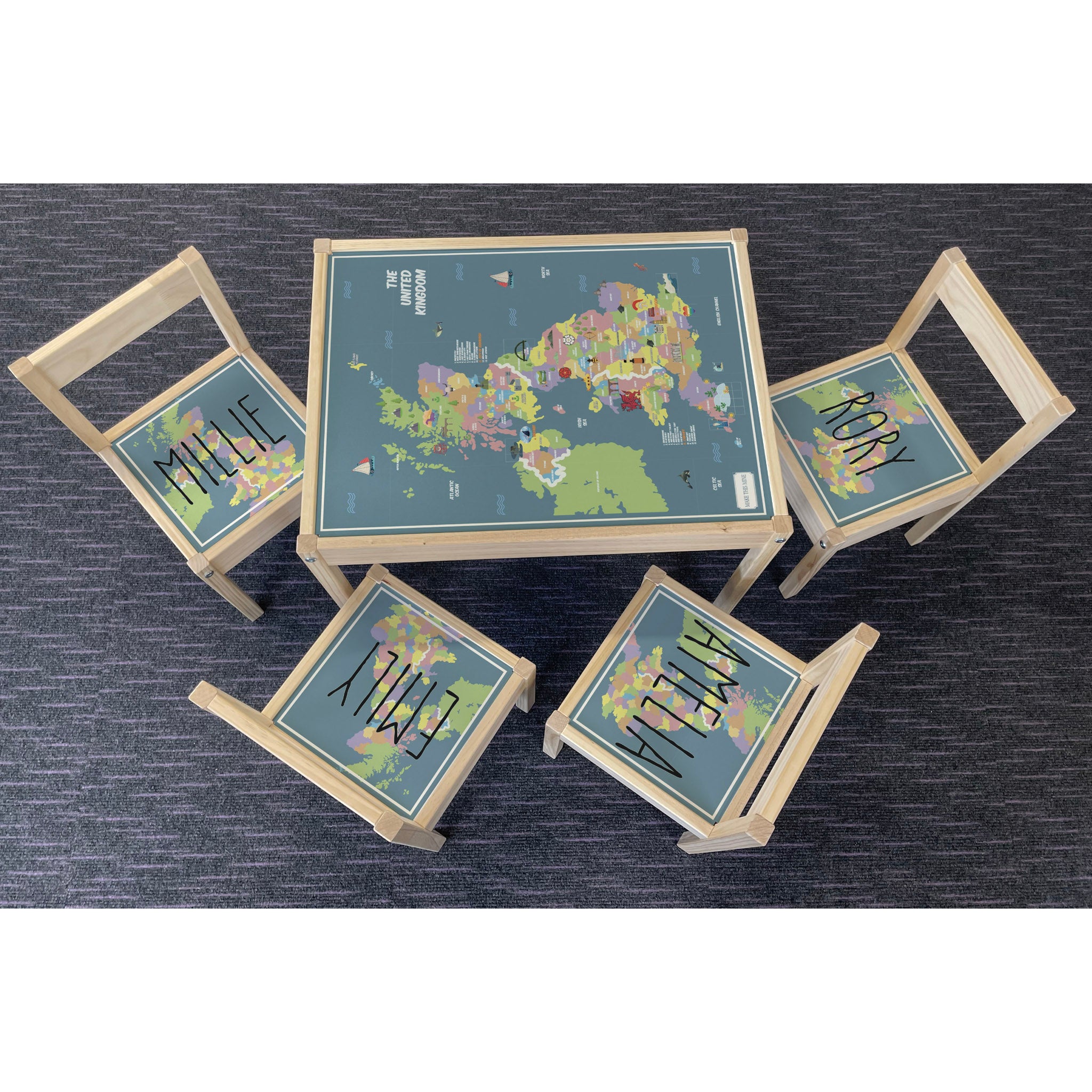 Personalised Children's Table and 4 Chairs Printed UK Map Design