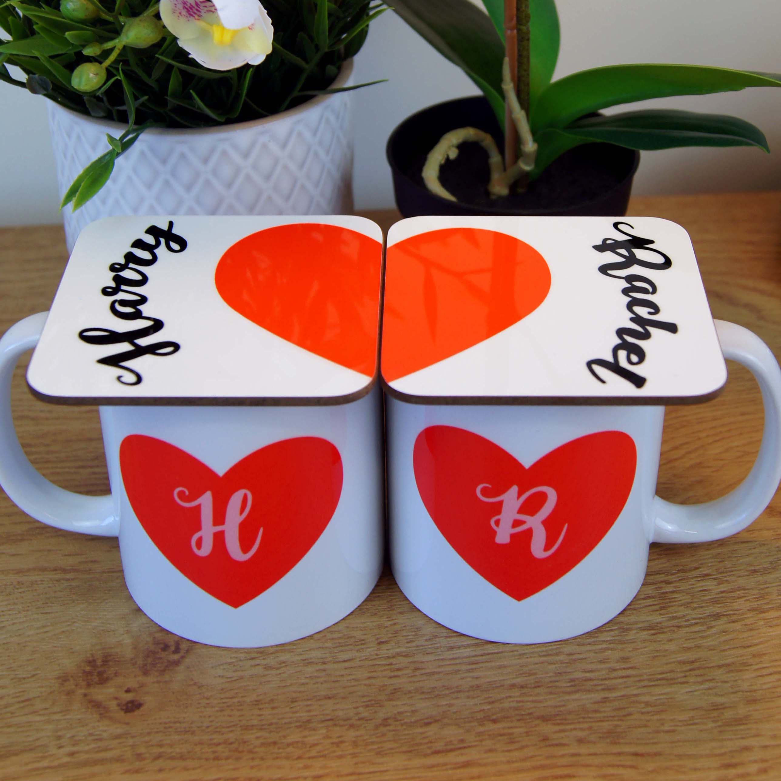 Personalised Valentine's Day 2 x Couples Mug & Coaster Set - Matching Heart