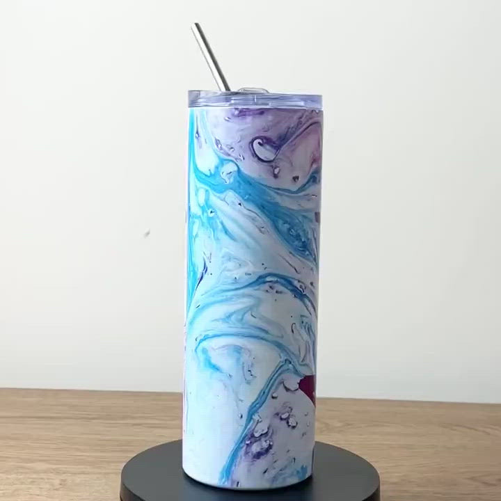 Load video: Personalised Stainless Steel Skinny Tumbler &amp; Straw with Pink and Blue Marble Design