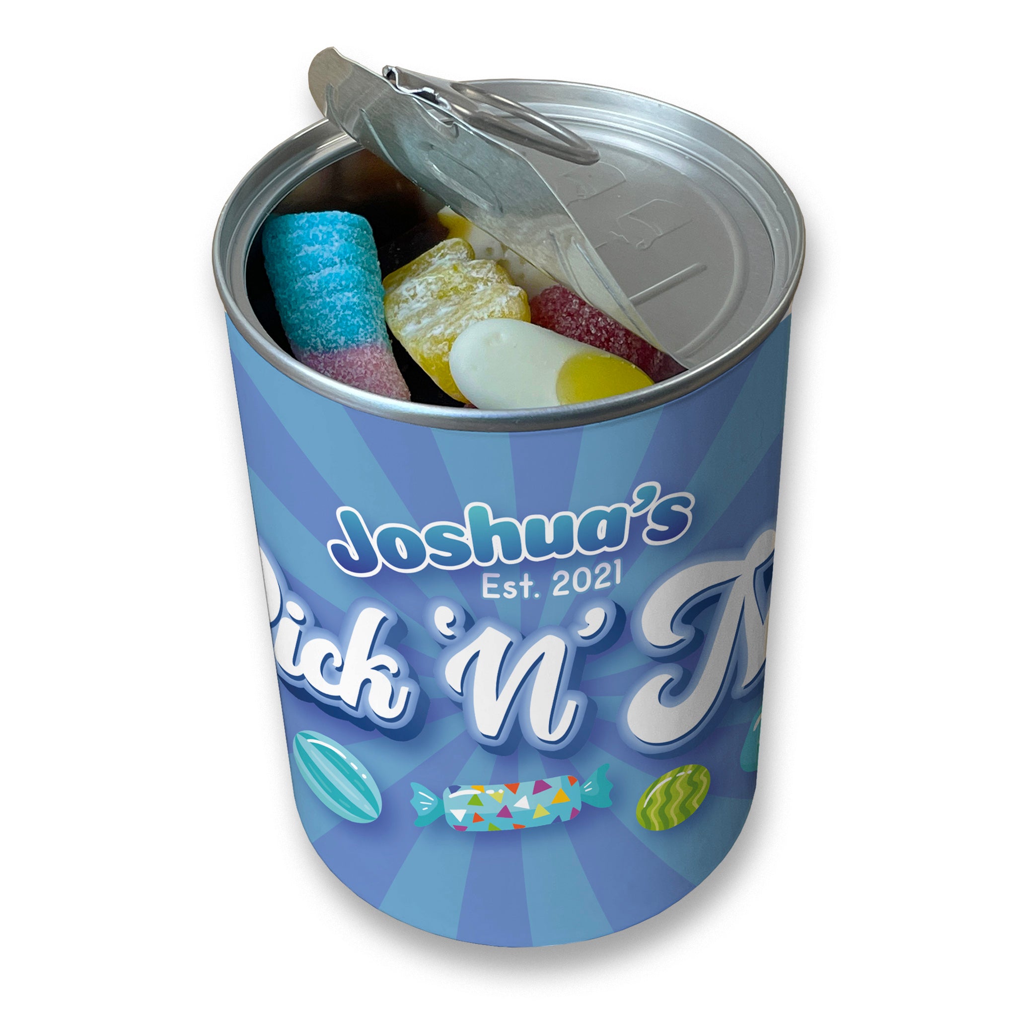 Personalised Pick & Mix Sweets Tin Can with Blue Swirl Design