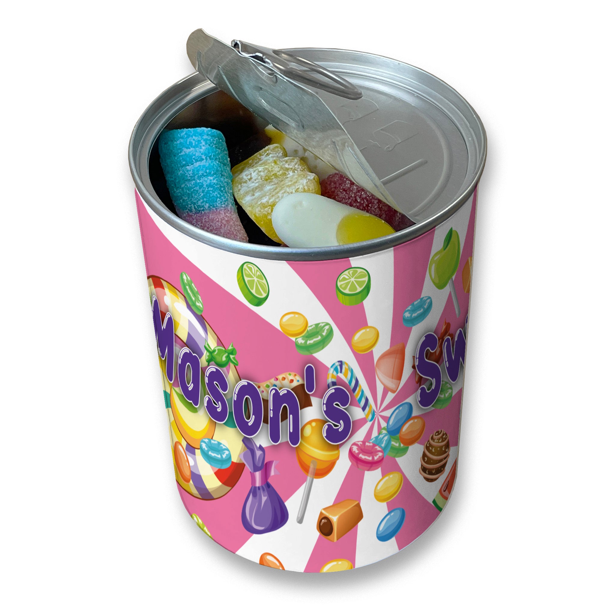 Personalised Pick & Mix Sweets Tin Can with Lollipop Swirl Design