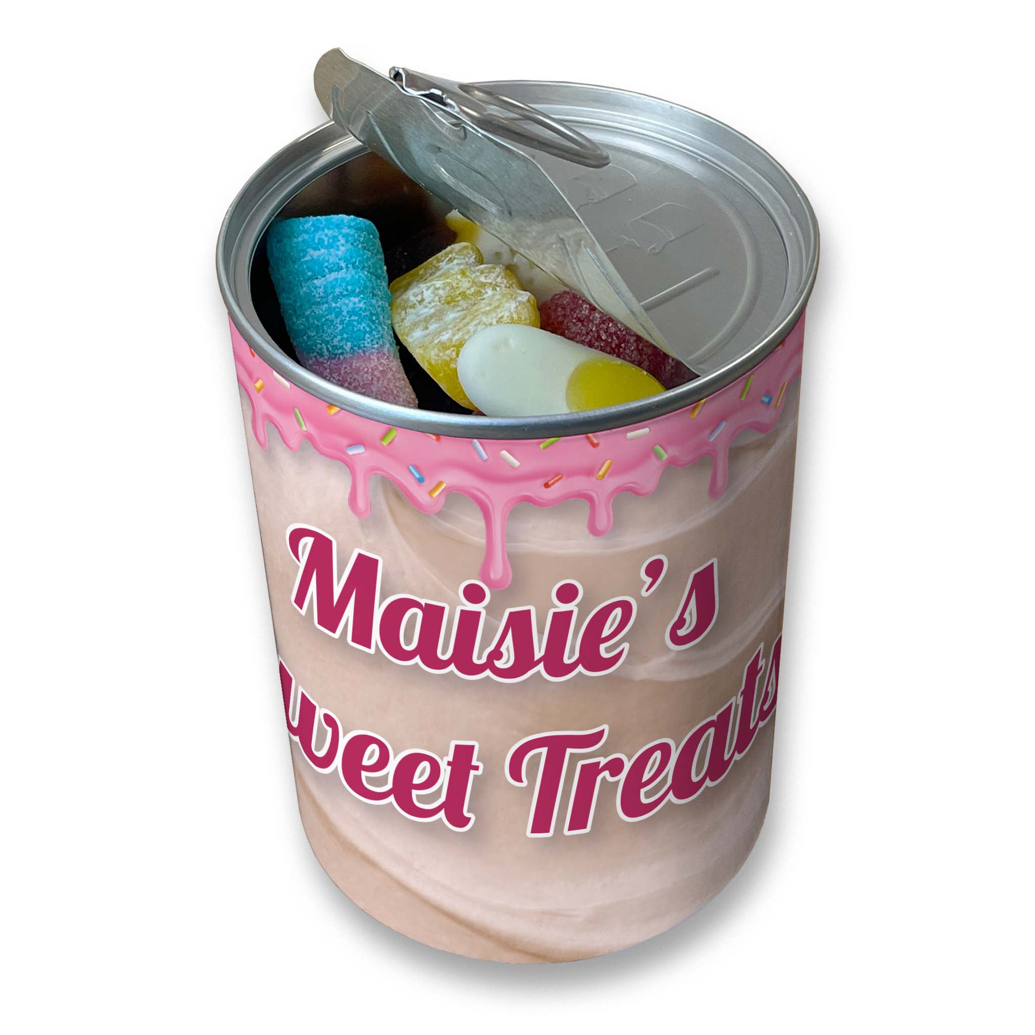 Personalised Pick & Mix Sweets Tin Can with Pink Icing Design