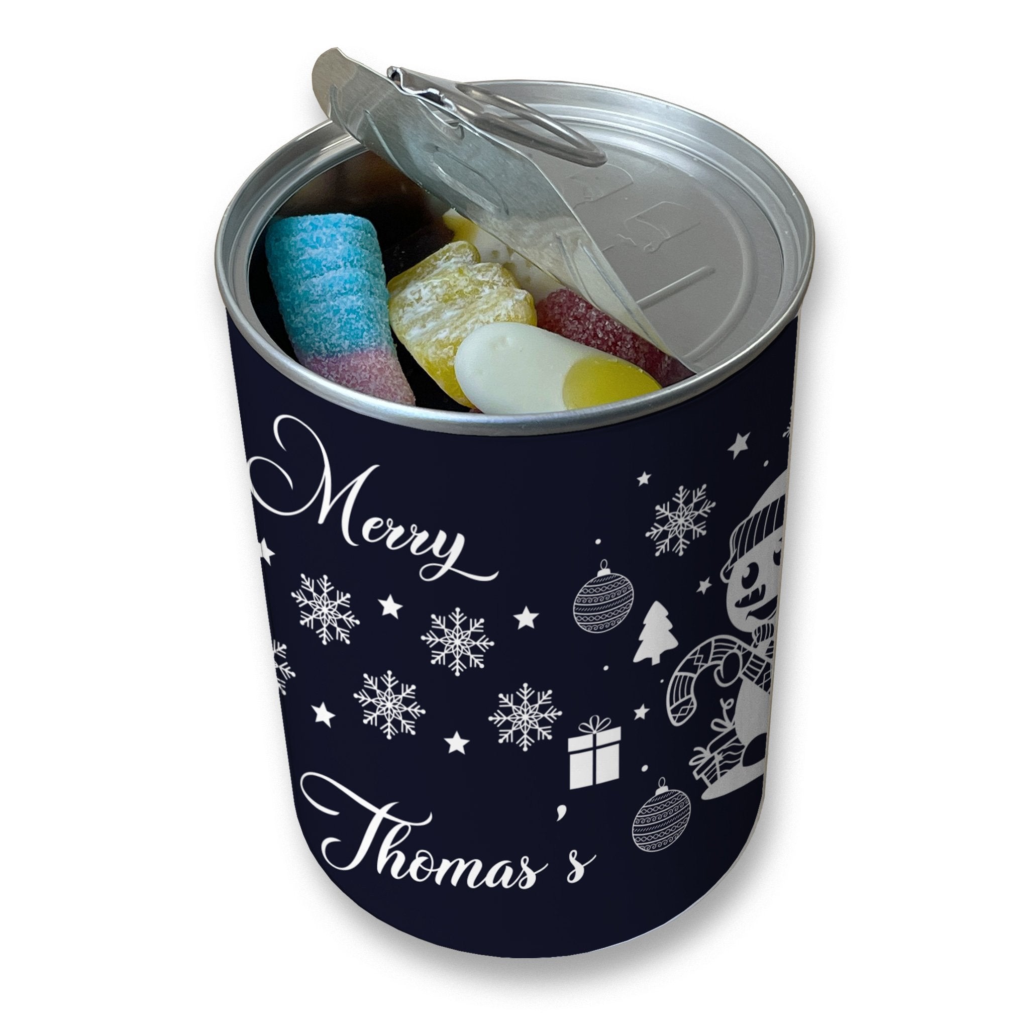 Personalised Pick & Mix Sweets Tin Can with Snowman Design