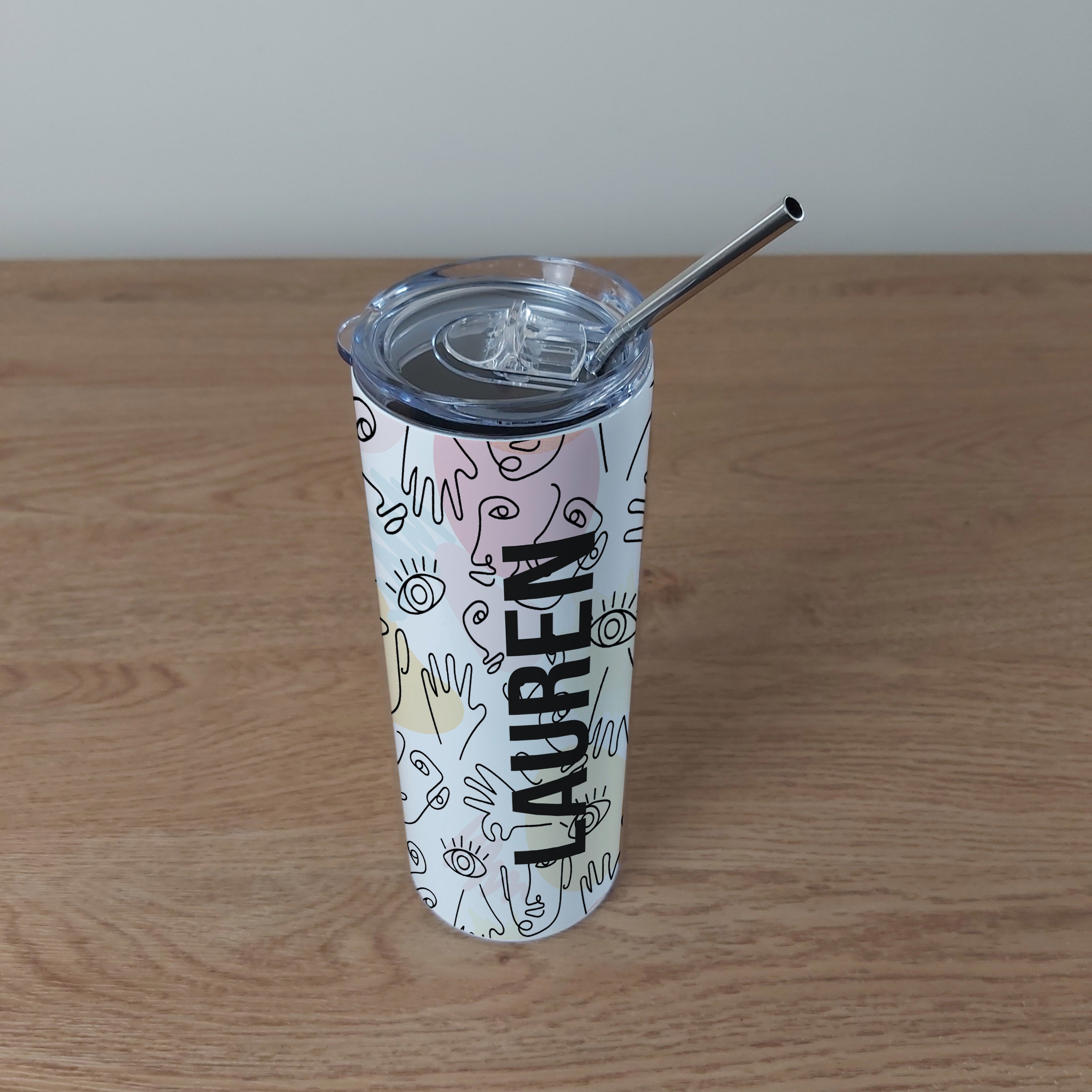 Personalised Stainless Steel Skinny Tumbler & Straw with Abstract Hands Design