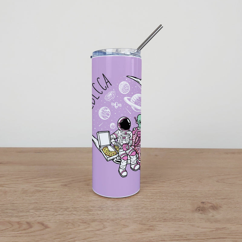 Personalised Stainless Steel Skinny Tumbler & Straw with Astronaut and Alien Moon Design