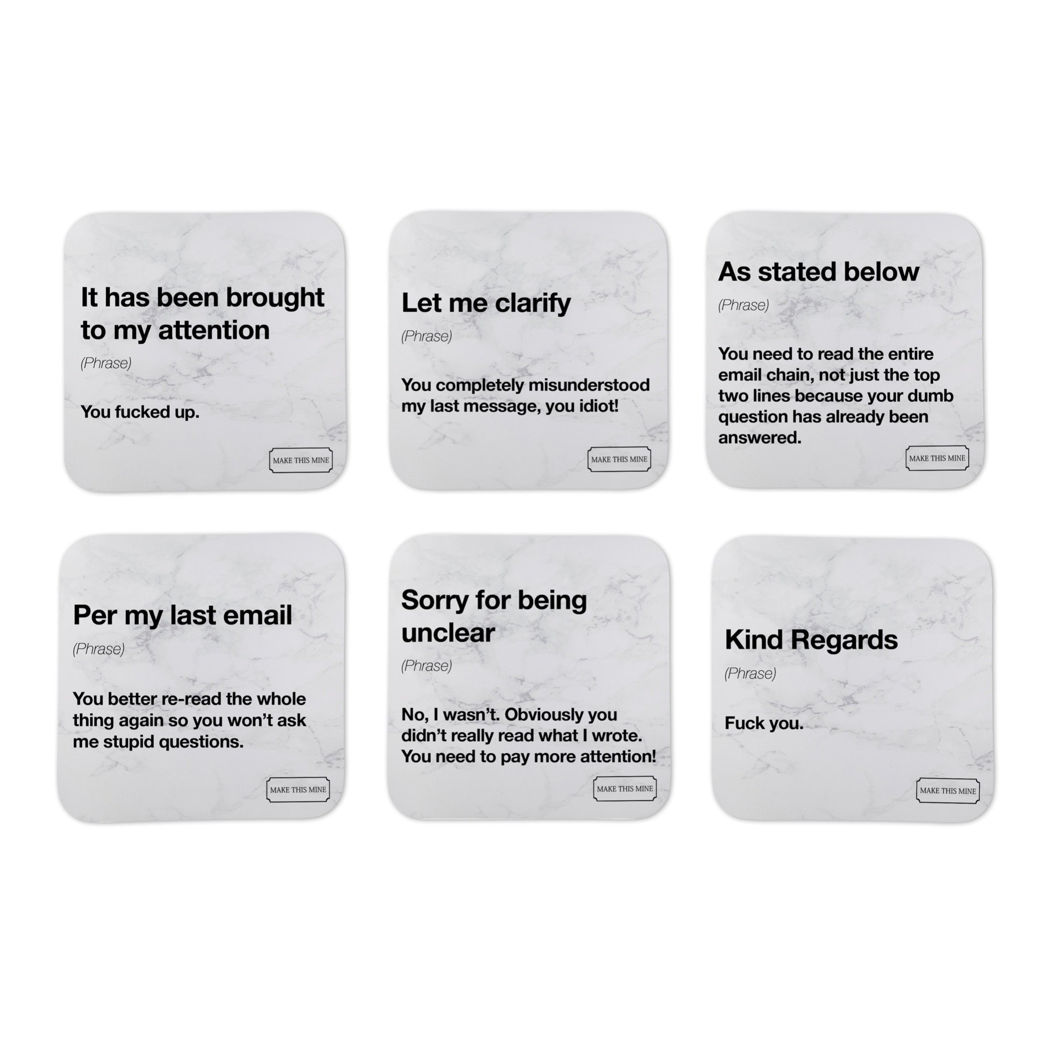 Funny Office Email Definitions Coasters - Set of 6